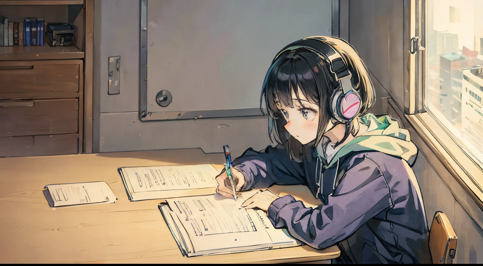 Girl with headphones, writing in a notebook, leaning on a desk with several pens