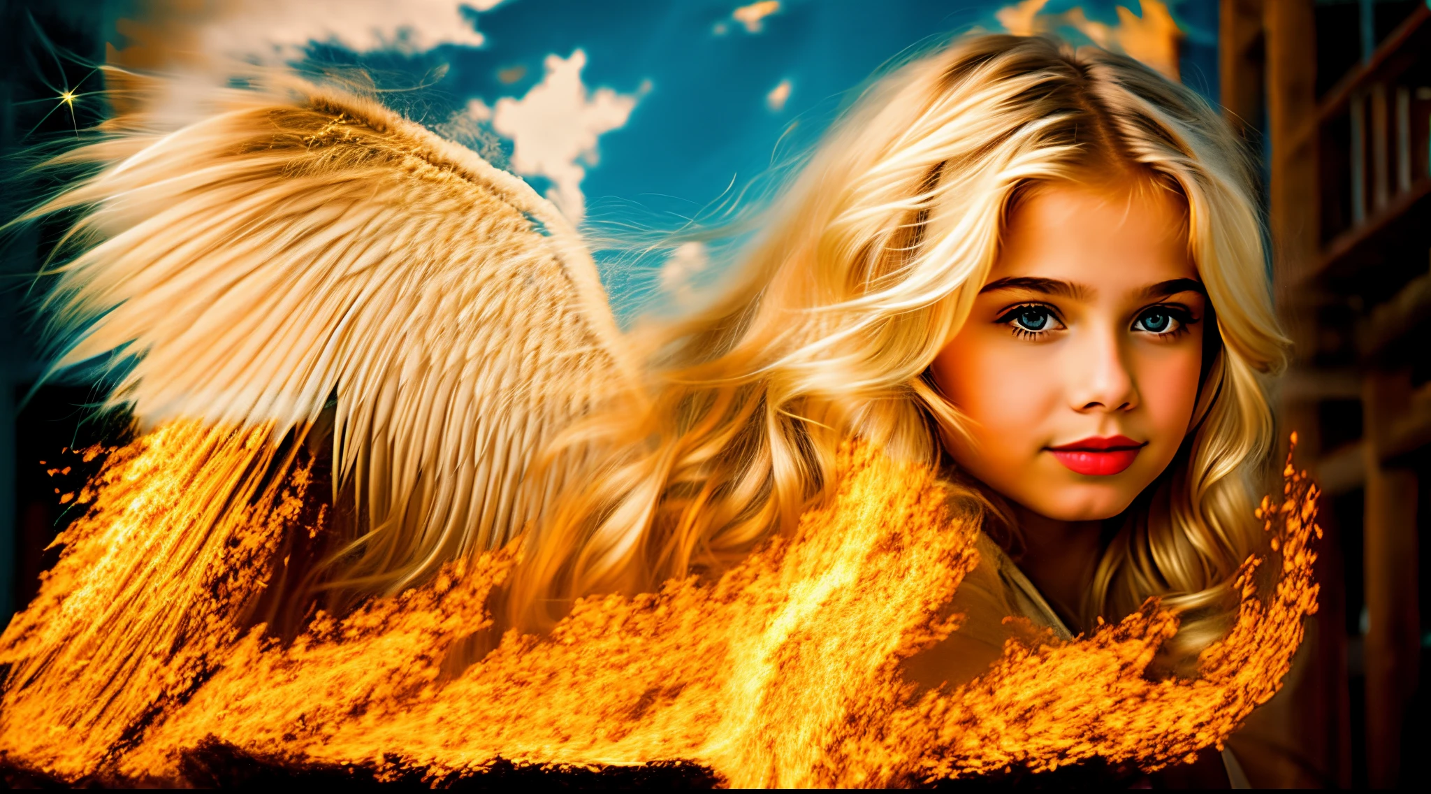 Russian blonde child girl ,AND ANGEL OF WiNGS OF FIRE.