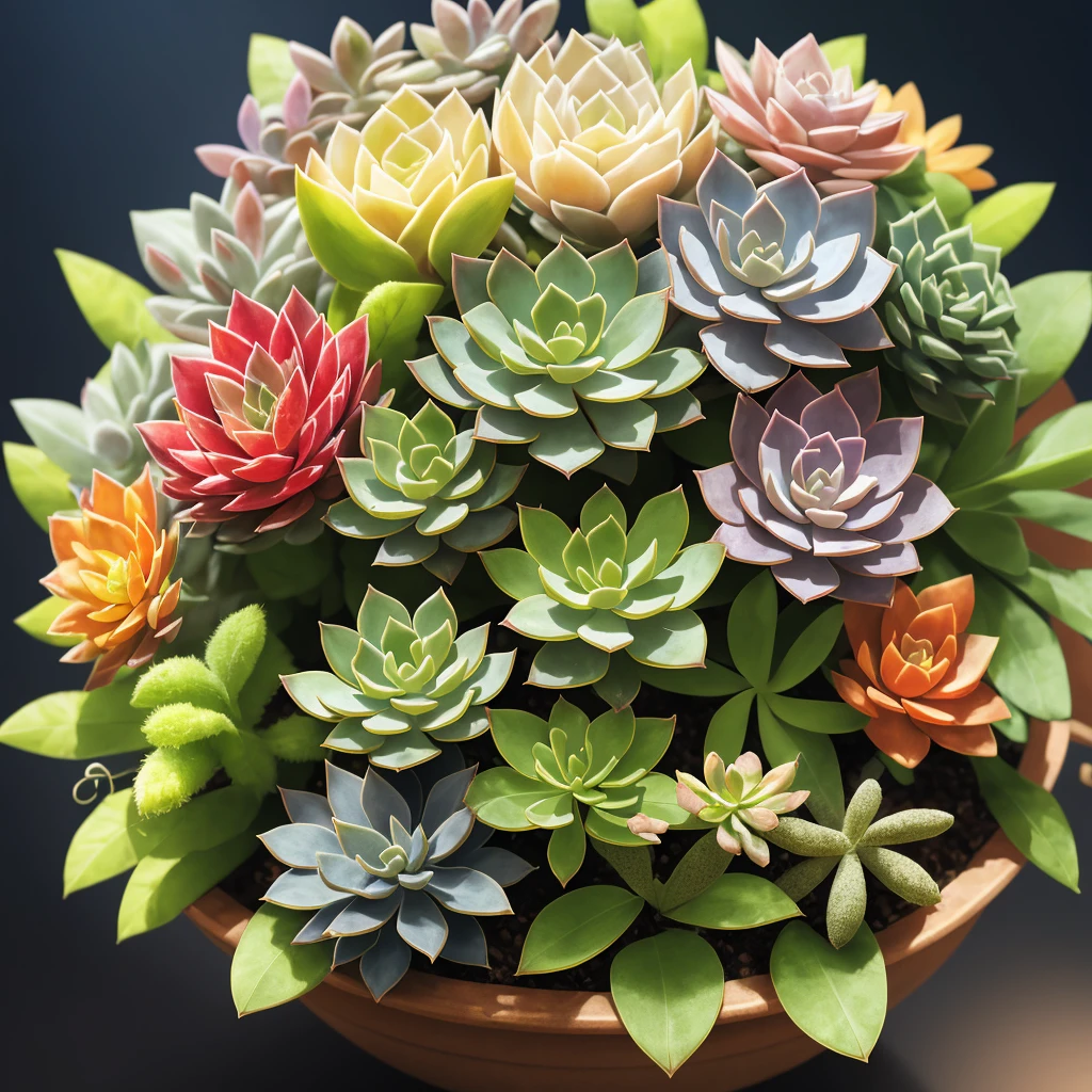 A bouquet of flowers with leaves and blossoms, flowers and leaves, plants, botanical art, decorative succulents, plants, some succulent plants, botanical art, directed by Martina Krupkova, inspired by Martina Krupkova, high quality, 4k, 8k, high resolution, masterpiece:1.2, ultra-detailed, realistic:1.37, HDR, UHD, studio lighting, ultra-fine painting, sharp focus, physically-based rendering, extreme detail description, professional, vivid colors, bokeh, floral, vibrant colors, natural lighting, artistic, enchanting garden, soft focus, elegant flower arrangement, delicate petals, intricate leaf patterns, lifelike textures, ethereal atmosphere, captivating beauty.
