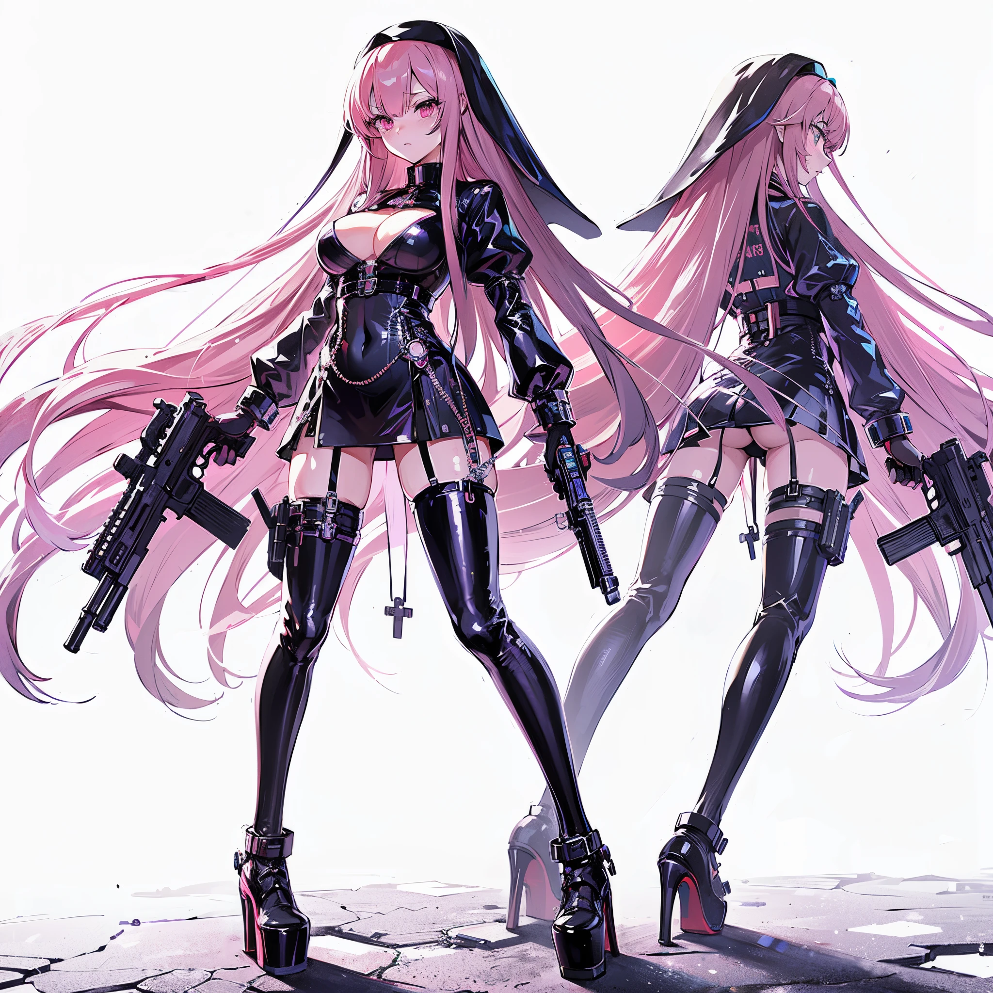 (masutepiece, Best Quality), (Perfect athlete body:1.2), (detailed hairs), Ultra-detailed, Anime style, Full body, Solo, cyberpunk exorcist girl, long pink hair, Wearing a cyberpunk PVC nun uniform, Each has a huge pistol in his hand, high heels boots, Standing in the wasteland, 8K High Resolution, White background, ((Whole body))standing still