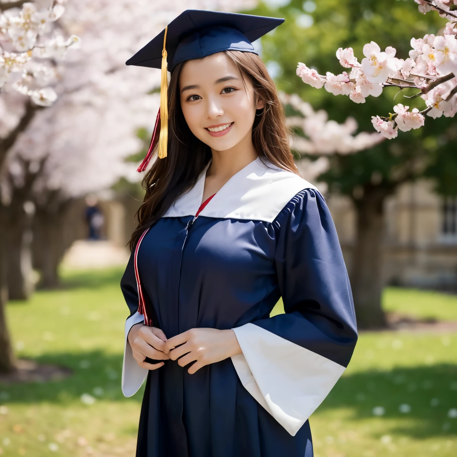 ((top-quality、masutepiece、8K、Top image quality、SFW))、(One photo:1.5)、((British beauty、Englishman、British Beauty、graduation ceremony、cherry blossom in full bloom、she graduates from university、Oxford University Background、perfect oxford university、graduation robe、graduation outfit、she stands at oxford university))、cowboy shot、Look at me and smile、large full breasts、(perfect anatomia:1.2)