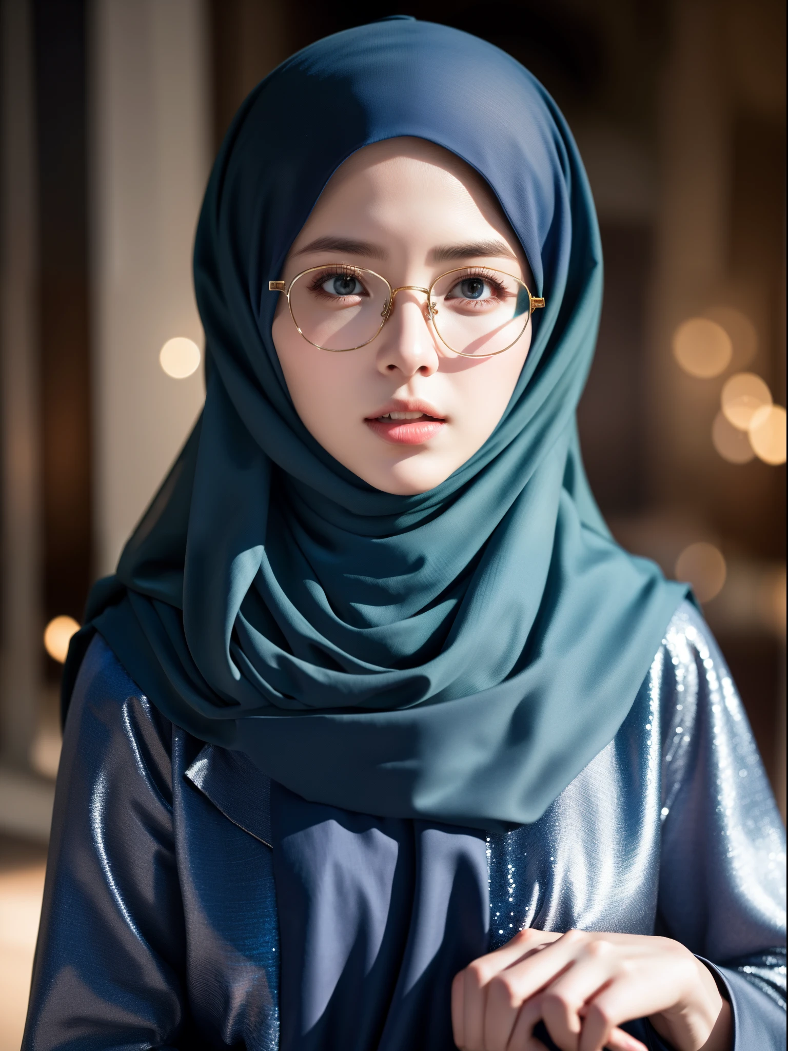 best quality, masterpiece, highreoslem female dress:1.4), necklace, Beautiful face, (upon body from head to waist:1.37), tyndall effect, photorealistic, dark studio, rim lighting, two tone lighting, 8k uhd, dslr, soft lighting, high quality, volumetric lighting, candid, Photograph, high resolution, 4k, 8k, Bokeh, (hyperrealistic girl), (illustration), (high resolution), (extremely detailed), (best illustration), (beautiful detailed eyeest quality), (ultra-detailed), (masterpiece), (wallpaper), (photorealistic), (natural light), (rim lighting), (detailed face), (high detailed realistic skin texture), (anatomically correct), (solo), (1 girl), (heterochromic eyes), (detailed eyes), (sparkling eyes), (long legs), (dynamic pose), (concentrated expression), (wearing hijab:1.4), (moslem headscarf:1.37), reading glasses.