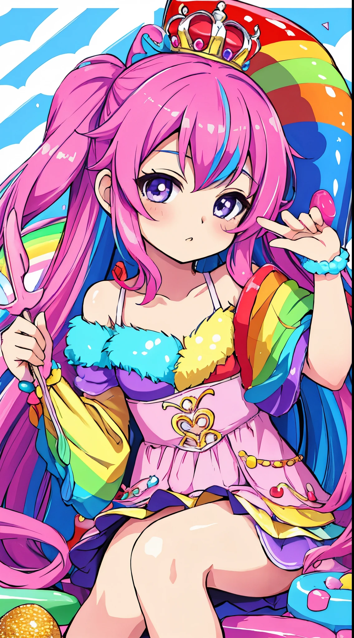 cute (chibi) princess in rainbow candy shop, highly detailed high contrast hd masterpiece of best quality in high resolution