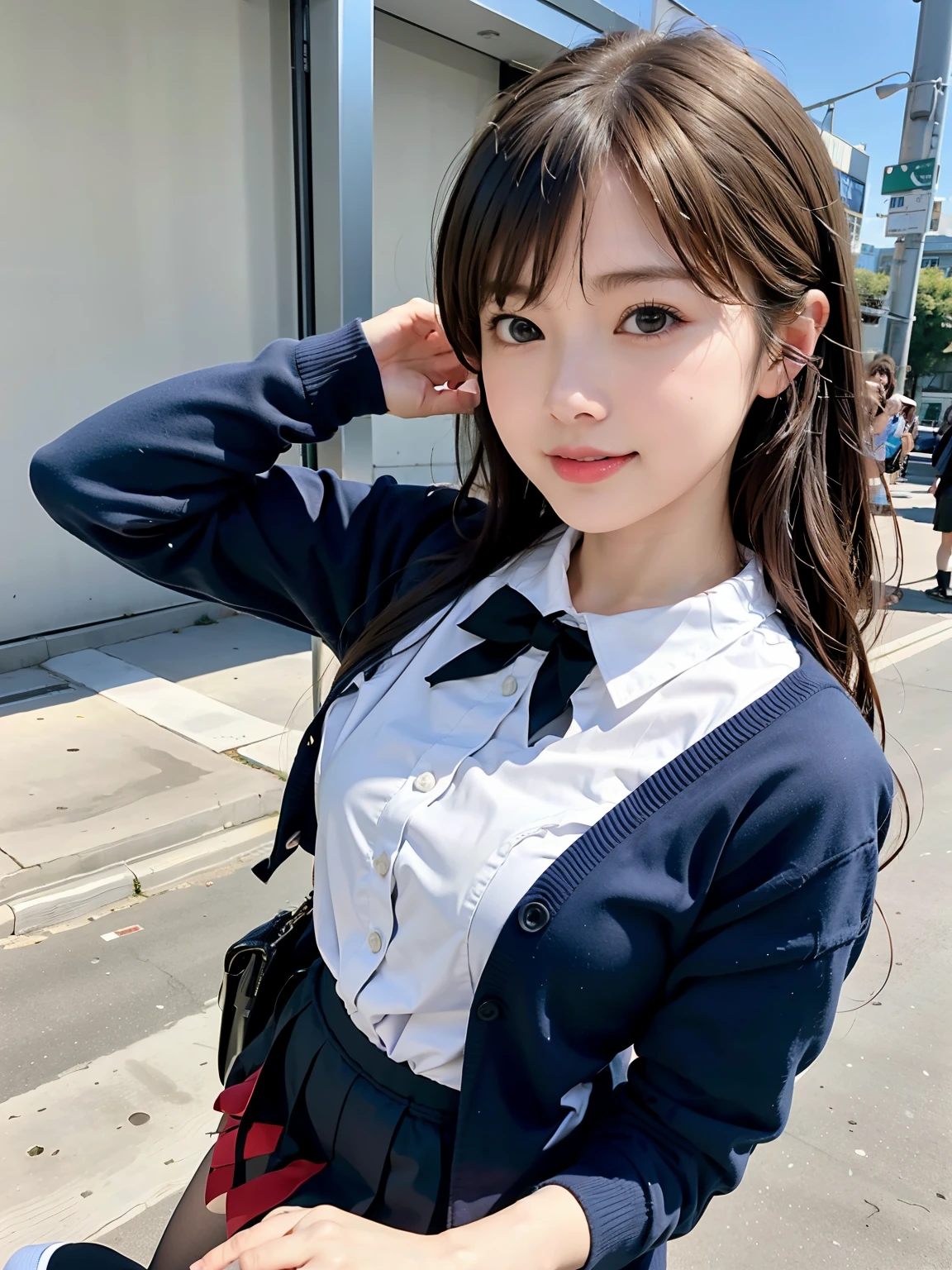 1girl, solo,(best quality),(masterpiece:1.1), full body, looking_at_viewer, dynamic angle, school uniform, cute, clear facial skin,