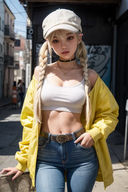 Original Character, Volumetric Lighting, Best Shadows, Shallow Depth of Field, Portrait Of Stunningly Beautiful Girl, Petite, Delicate Beautiful Attractive Face With Alluring Yellow Eyes, Messy Painted Face, Sharp Eyebrows, Broadly Smiling, Open Mouth, Fangs Out, Lovely Medium Breasts, Layered Long Twintail Blond Hair, Blush Eyeshadow, Thick Eyelashes, Applejack Hat, Oversized Pop Jacket, Mini Underboob Tee, Open Navel, Slim Waist, Denim Jeans Pants, With Buckle Belt, In The Graffiti Alley, Waste Container, Outside Stairs, Outdoor Unit, Holding Spray Paint Can, Standing, (Highest Quality, Amazing Details:1.25), (Solo:1.3), Brilliant Colorful Paintings