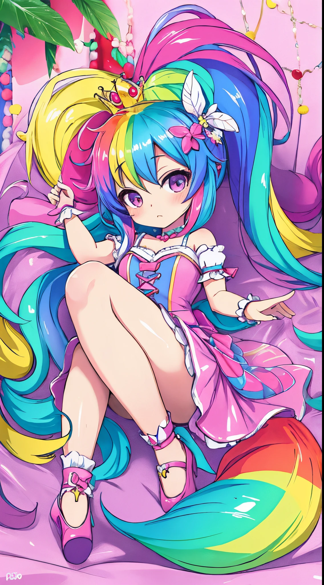 cute (chibi) princess in rainbow candy shop, highly detailed high contrast hd masterpiece of best quality in high resolution