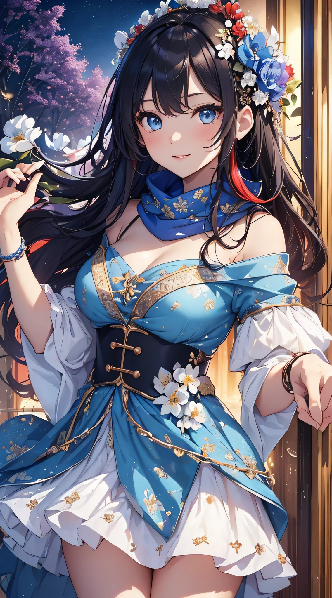 top-quality、Top image quality、masterpiece、girl with((、teen ager、cute lit Bust、big bast,Beautiful blue eyes、Breasts wide open, A dark-haired、red hairs、Longhaire、A slender,Large valleys、unclear,White floral dress、A smile、blue scarf、Black wristband、dance)),hiquality、Beautiful Art、Background with((On a luxury liner、Lake at night、Beautiful lake、Farbe)))、,masutepiece、depth of fields,Cinematic style