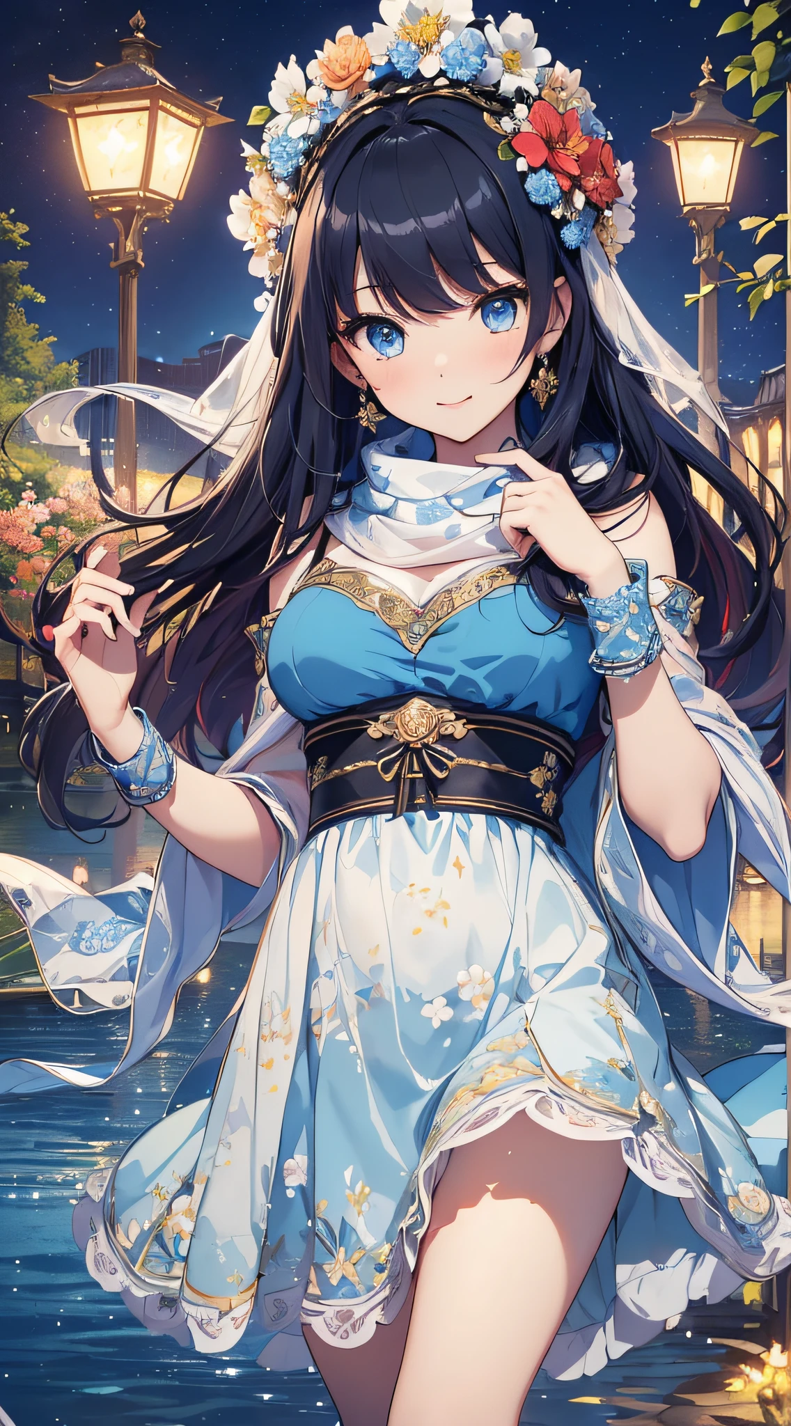 top-quality、Top image quality、masterpiece、girl with((、teen ager、cute lit Bust、big bast,Beautiful blue eyes、Breasts wide open, A dark-haired、red hairs、Longhaire、A slender,Large valleys、unclear,White floral dress、A smile、blue scarf、Black wristband、dance)),hiquality、Beautiful Art、Background with((On a luxury liner、Lake at night、Beautiful lake、Farbe)))、,masutepiece、depth of fields,Cinematic style