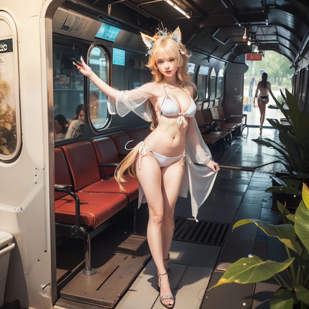 ((A very lovely woman naked on a crowded train。((Wear a white silk open shirt:1.5。40k,photography of,tmasterpiece,best qualtiy,dark grey background,((1girl blue eyes and gorgeous light blonde hair,She wears glasses on her beautiful face,))。one beautiful Caucasian woman,Big ass, full, soft breasts and fair skin,a variety of poses。((:1.4)),((very soft breasts)),Super detailed face,Detailed eyes。At a crowded train station。(Lick popsicles)。(((She's wet)))。(Live-action fantasy movie poster), 美丽的构图, Fashionab、high high quality, (swimsuit white queen), Surrounded by sparkling blue waters, (crystal-clear water:1.2), Gorgeous underwater lights, (dynamicposes), Confident and powerful, mysterious smile, (diadems), beautiful blonde hair, (an enchanted forest:1.3), (magical light:1.2), Elegant and atmospheric, (Secluded beach:0.8), (sea shell:0.9), (Flawless skin:1.2), Stunningly detailed.(8K, RAW photos, Best quality, tmasterpiece: 1.2), high definition TAW color photos, (professional photoshooting, actual, realistically: 1.37), (tmasterpiece: 1.5), (Best quality: 1.2), 电影灯光, (bokeh: 1.2), 35mm: 1.25, wide angles, ((low angles: 1.2)), Long shot photo, glamour shot, front or back, ( full body1.15), The girl stood in the distance ((The girl being photographed can be seen through the gaps in the vegetation....: 1.4)), (Detailed faces: 1.2), Detailed skin texture, Skin glows, Exquisite, Beautiful and delicate face: 1.3, Extraordinary tight bikini, Anime girl in white bikini, (Clothed only in bikini)), (see-through white bikini)), (High cut T back)), (( Bikinis with a small cloth area: 1.5)), Pass through vegetation: 1.2, 1 girl, 19 year old model, Alone, white skinned, Cute big breasts, , (((deep colour)), big natural breasts, Willow waist, ssmile: 1.2, pony tails, The nipple shape is clearly visible, pubic shape clearly visible, Clearly visible, (The cloth is thin,Big breasts exposing cleavage)), ( The cloth is thin,The areola is transparent)), (((The cloth is thin,The epidermis is transparent)), Detailed bangs hair, Long messy hair detail: 1.3, random hair style, fox tails,White animal ears,8K