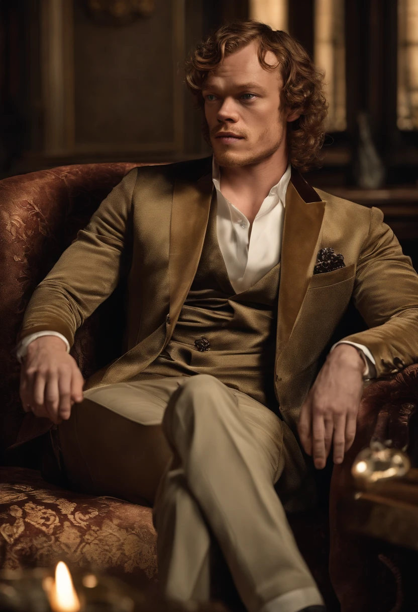 A photo of Theon sitting on a luxurious velvet chair with a confident smirk on his face, holding a glass of wine in one hand and gesturing with the other.,Game of Thrones TV series,Theon has curly brown hair and a very short neatly trimmed beard, stormy blue eyes, and wears black with gold accents. Famously portrayed by Alfie Allen