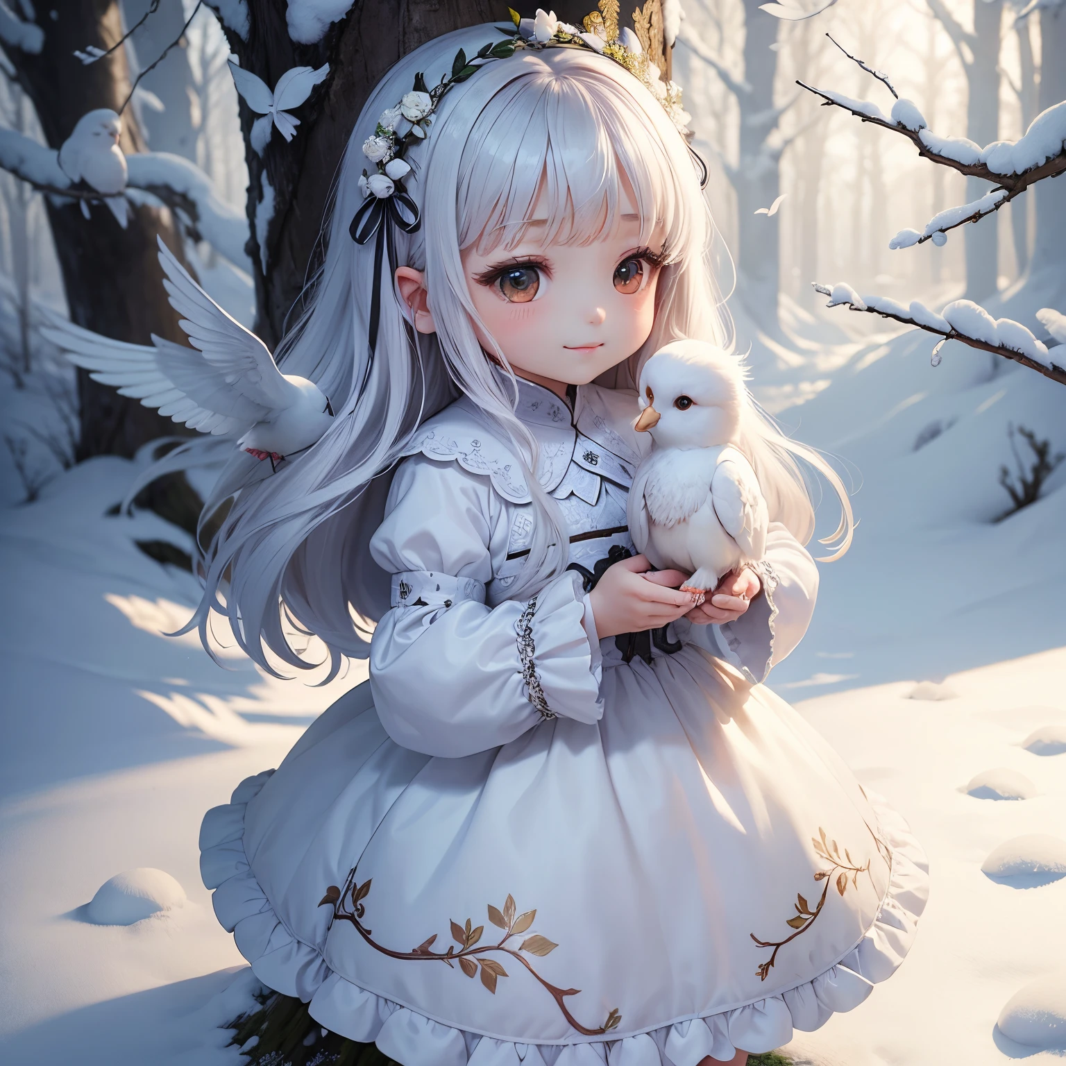 masterpiece、top-quality、ultra-detailliert、(Chibi Chara's Daughter:1.27)、white longhair、A white dove landed on my head、White Wraith、fairy tale midwinter forest、A smile、Standing、A dove is holding a laurel branch in its mouth、🕊️