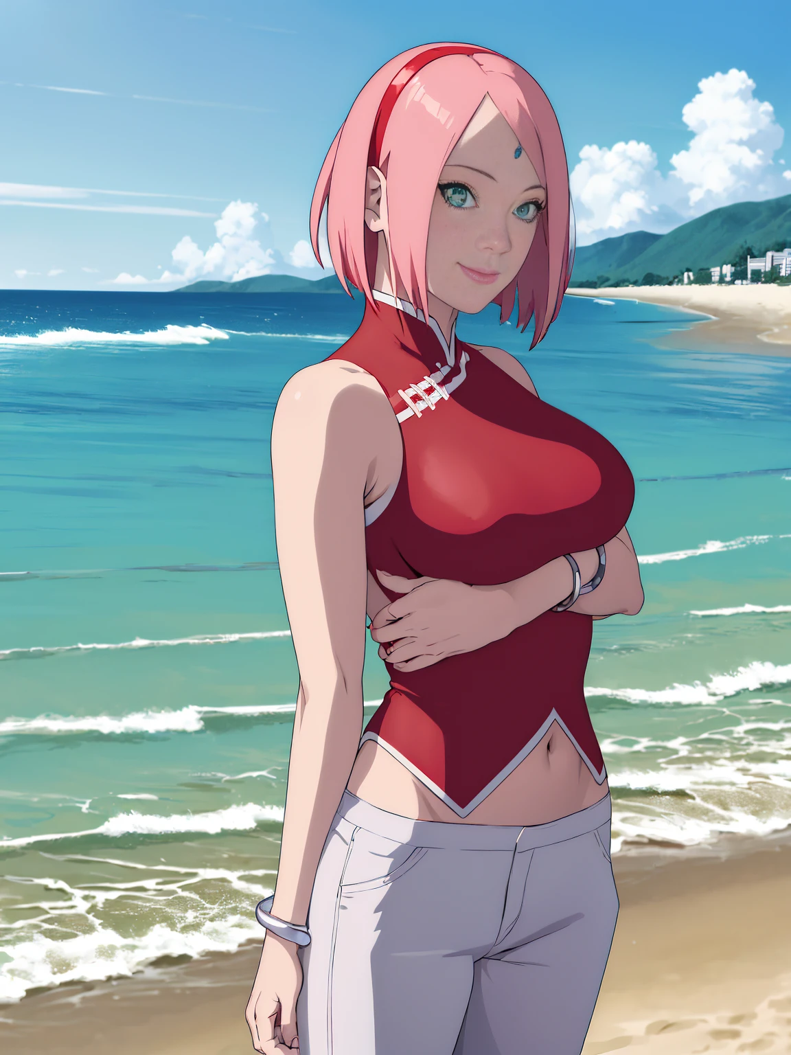 masterpiece, 1k, portrait, face shot, professional artwork, detailed beach background, intricate details, colorful, digital blending, (ultra detailed body, ultra detail hair, ultra detail face), trending on pixiv, kind smile, very hot color, best quality, anime style: 1.9, 1girl, hires, haruno sakura, contrasty lighting, (forehead mark, milf, red hairband, pale skin, short hair, ((red sleeveless dress), white pants), navel, groin, bracelet, looking at viewer, crossed arms, pink hair, green eyes, smile, beach, wind, floating hair, detailed arms, off-shoulders, slightly muscular arms, standing), sunnyday