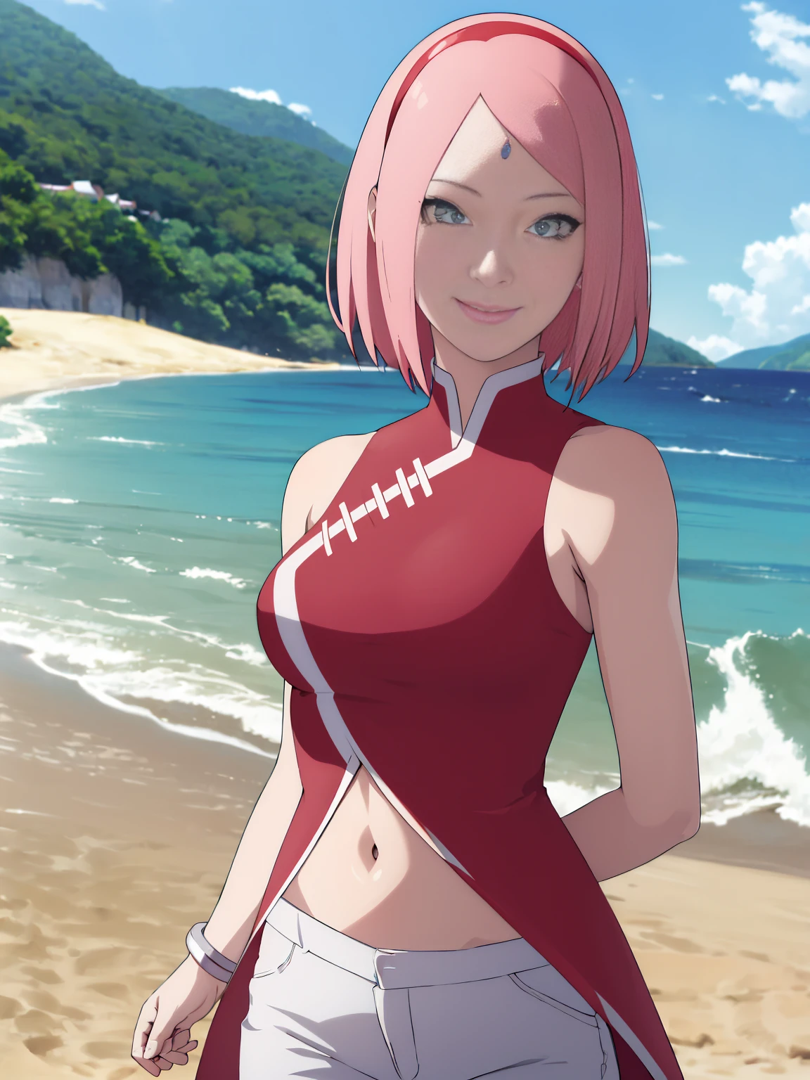 masterpiece, 1k, portrait, face shot, professional artwork, detailed beach background, intricate details, colorful, digital blending, (ultra detailed body, ultra detail hair, ultra detail face), trending on pixiv, kind smile, very hot color, best quality, anime style: 1.9, 1girl, hires, haruno sakura, (forehead mark, milf, red hairband, pale skin, short hair, ((red sleeveless dress), white pants), (navel, belly button, groin, bracelet, pink hair), (ultra detailed green eyes), smile, beach, wind, floating hair, detailed arms, off-shoulders, slightly muscular arms, (dirty armpits), standing)((((belly view))))