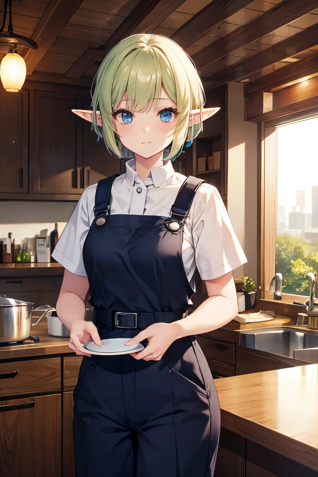 An elf girl，short detailed hair，Single horsetail，Hotel attendant，Innkeeper，Coveralls，cook