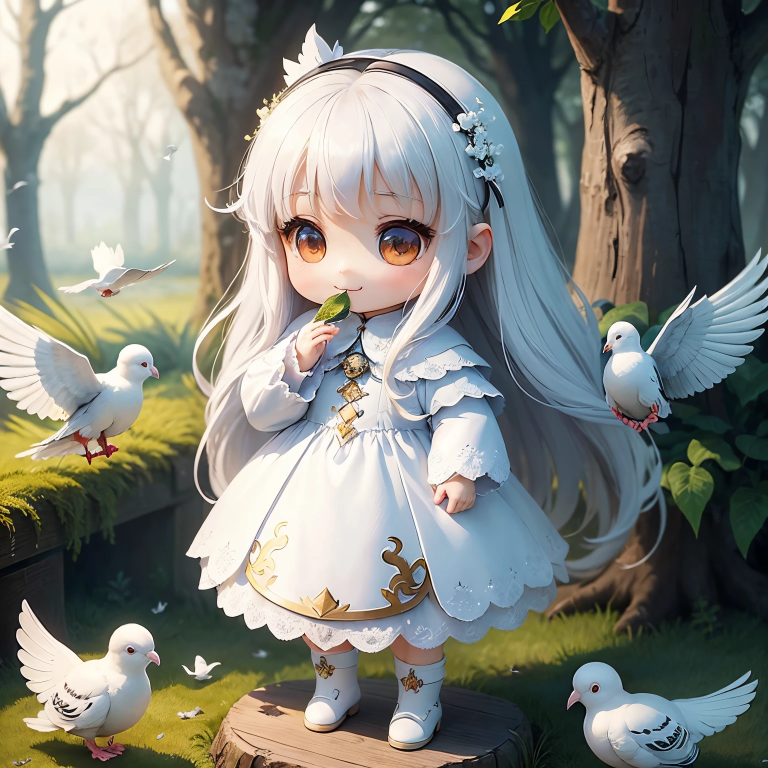 masterpiece、top-quality、ultra-detailliert、(Chibi Chara's Daughter:1.27)、white longhair、(A white dove landed on my head:1.2)、White Wraith、fairy tale midwinter forest、A smile、Standing、A dove is holding a laurel branch in its mouth、🕊️