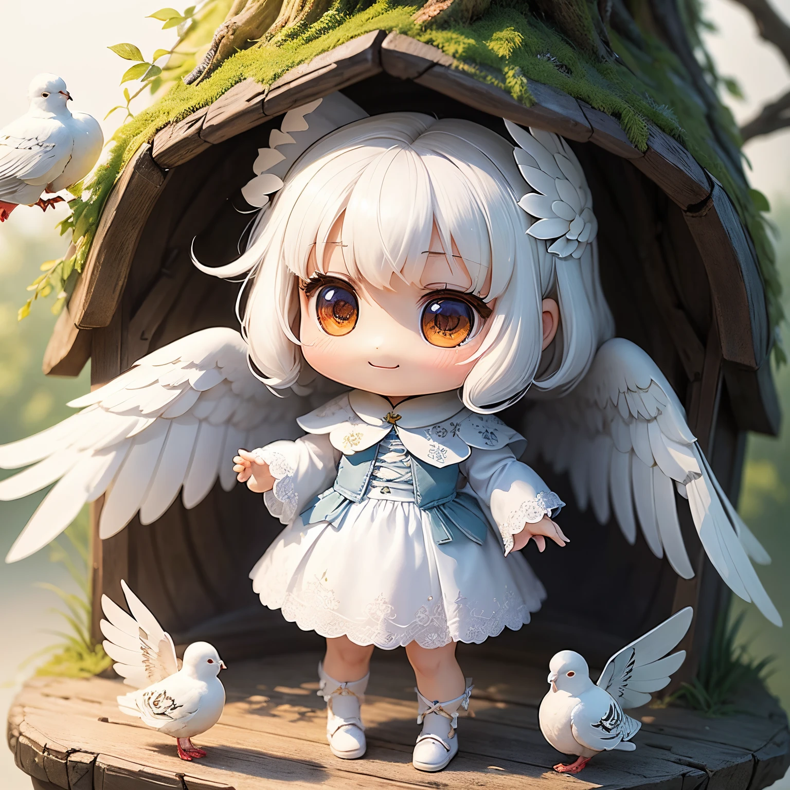 masterpiece、top-quality、ultra-detailliert、(Chibi Chara's Daughter:1.27)、white longhair、(A white dove landed on my head:1.2)、White Wraith、fairy tale midwinter forest、A smile、Standing、A dove is holding a laurel branch in its mouth、🕊️