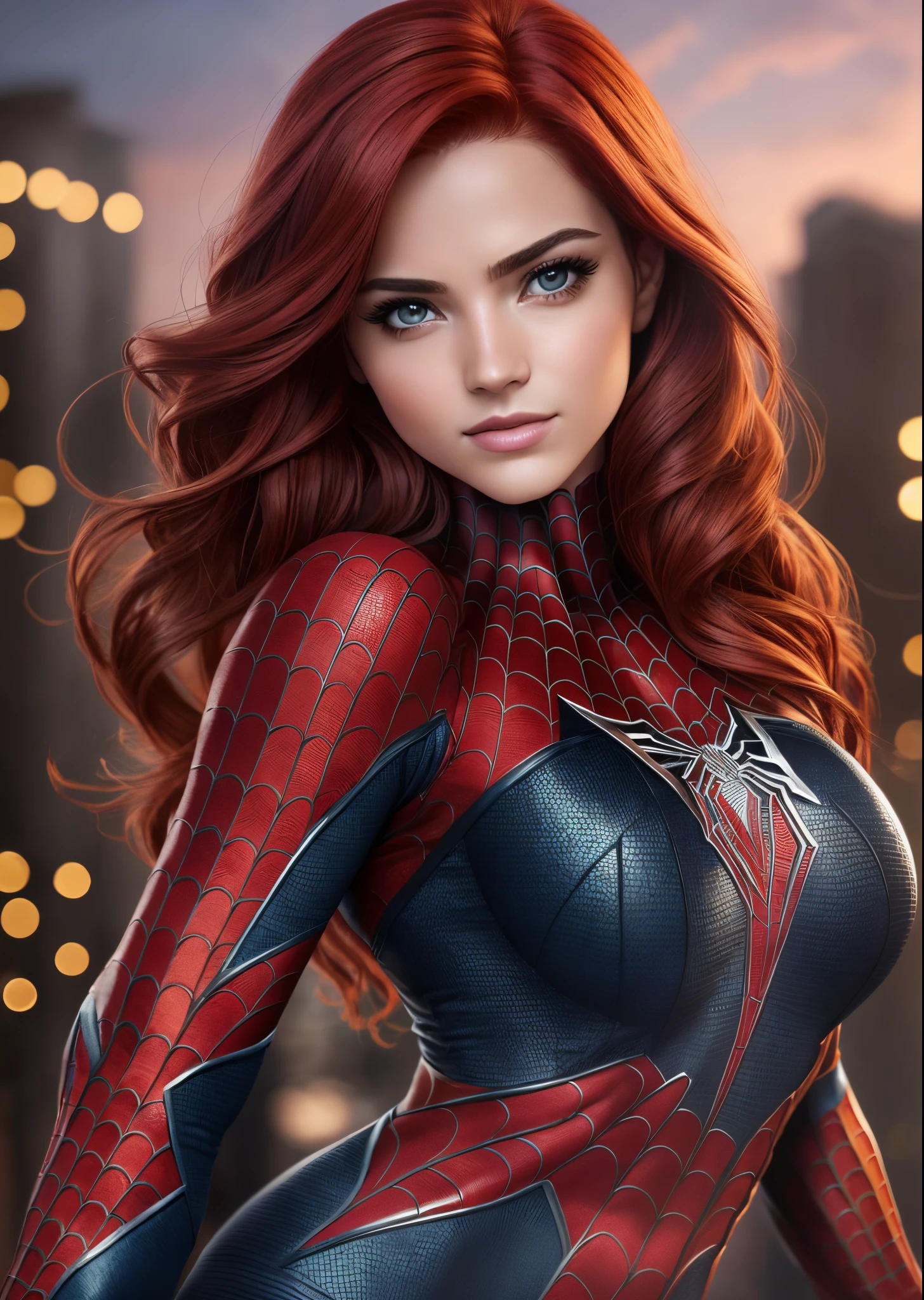 Linda mulher ruiva detalhou o corpo definido, usando o traje do homem aranha, Seios enormes, pose de modelo do homem aranha