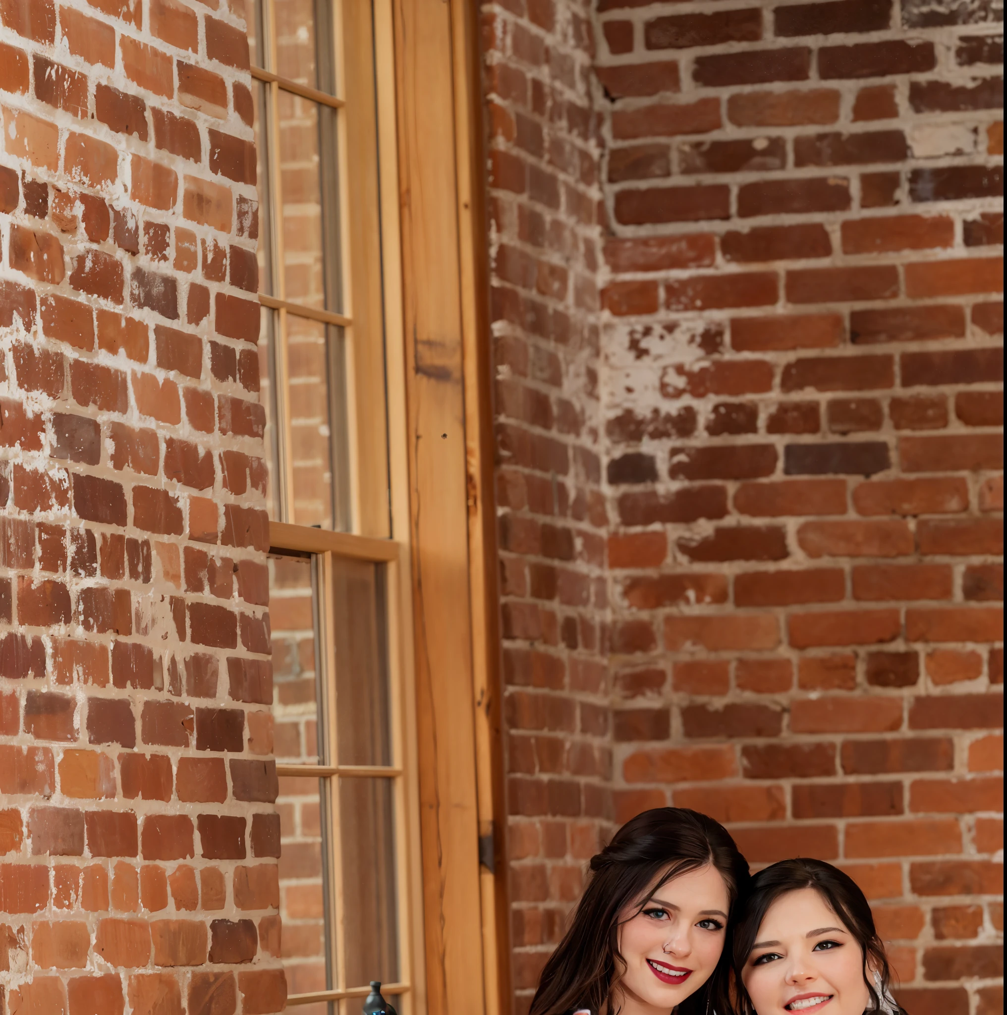 bride and maid posing for a photo in front of a brick wall, purple themed, taken with canon 5d mk4, wedding photo, full portrait, full color photograph, ruan jia and mandy jurgens, photo taken with nikon d 7 5 0, photo taken with nikon d750, draped in purple, 1 / 4 portrait, with backdrop of natural light