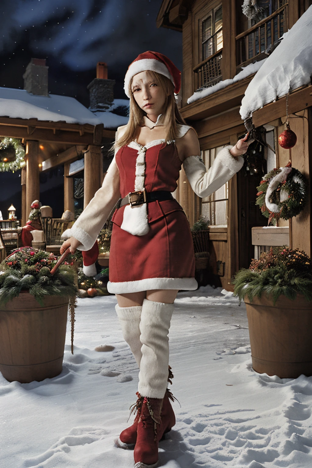 Final fantasy 9, Vivi Ornitier, standing on a porch, Christmas decorations, night time, snow