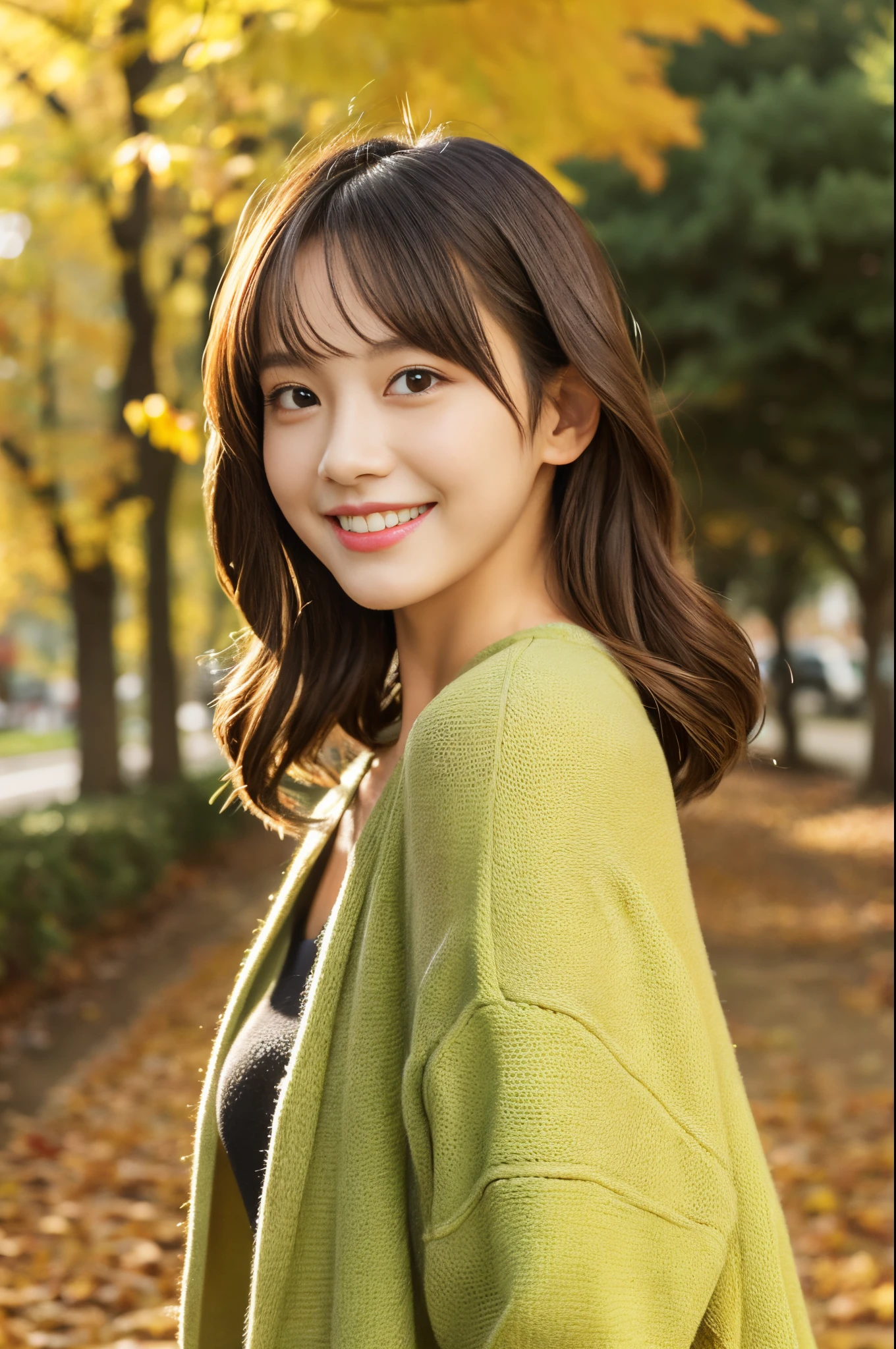 (masutepiece), (Best Quality), Realistic, Photorealism, 1girl in, Beautiful Girl, Perfect face, Perfect body、Slimed、A slender、small tits、realistic skin textures、high-level image quality、hight resolution、realistic、Fashionable autumn clothes、Smile