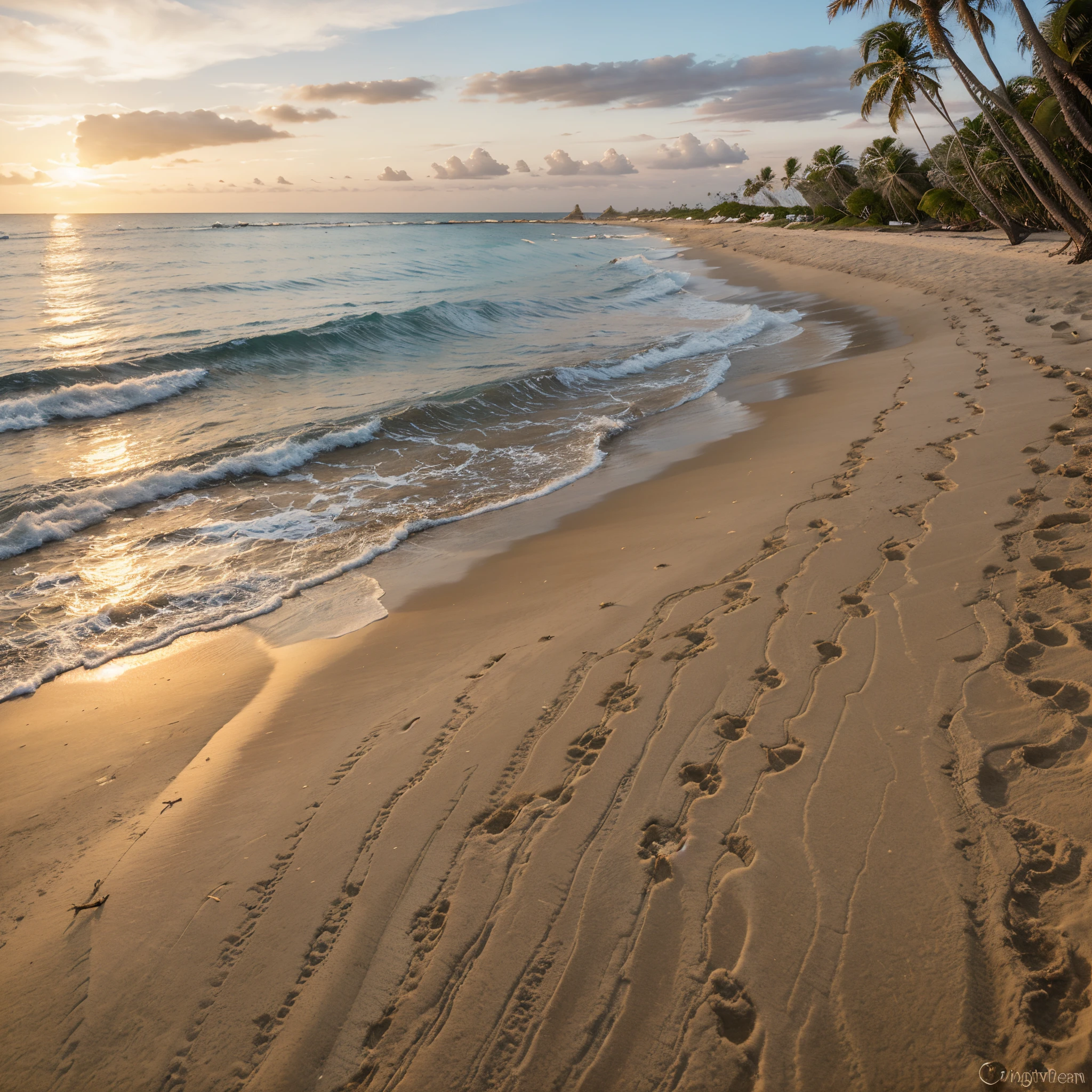 praia deserta, com conchas na areia, calm beach water,reflecting the sunset, with coconut trees gently swaying, have a side view of everything.