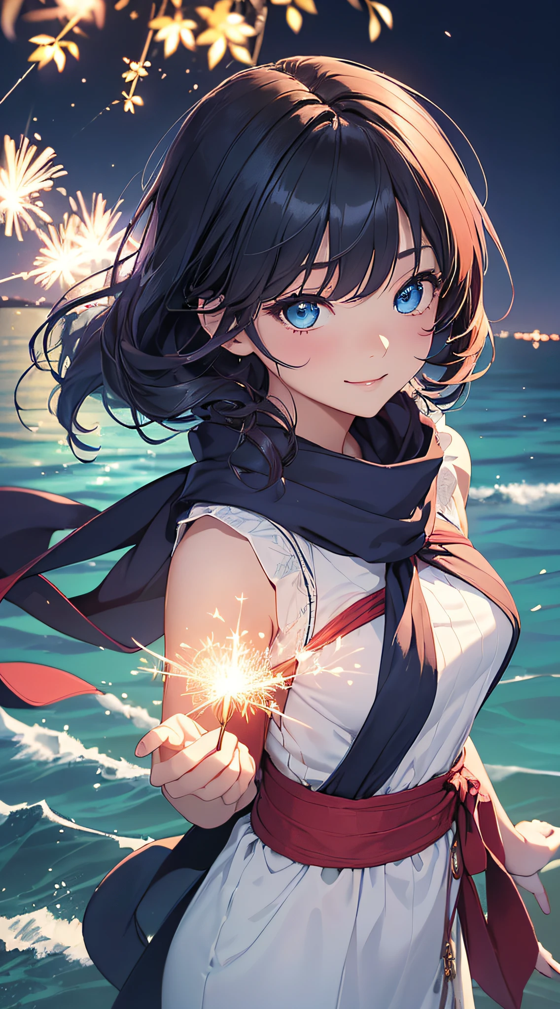 top-quality、Top image quality、masterpiece、girl with((sixteen years old、 ager、cute little、Best Bust、big bast,Beautiful blue eyes、Breasts wide open, A dark-haired、red hairs、Longhaire、A slender,Large valleys、garterbelts,robe blanche、A smile、blue scarf、Black wristband、dance)),hiquality、Beautiful Art、Background with((On board a luxury cruise ship、the ocean at night、beautiful ocean、sparklers、vague)))、,masutepiece、depth of fields,Cinematic style