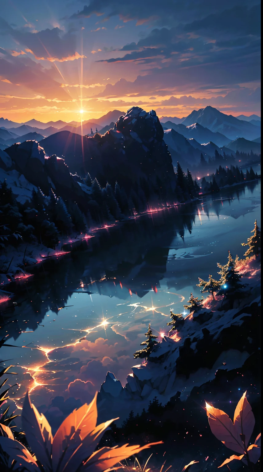 There is a beautiful sunset, the hillside is covered with flowers and plants, the flowers are up close, the colorful sky, the surreal colors, the colorful sunsets, the colorful sky, the marvelous sky reflection, the amazing sky, the fantastic atmosphere 8K, the colorful clouds, the color reflection on the lake, the surreal sky, the red and blue reflection, the fire reflection, the beautiful sky, the beautiful and spectacular dusk, the beautiful dream landscape, the amazing skyHD lighting and dark )<=(epic image quality)dark atmosphere with bright particle light(many effects in background)