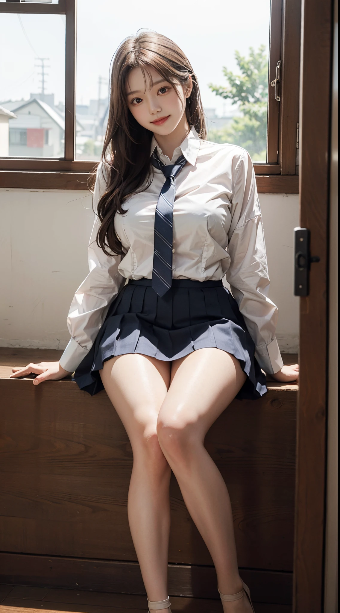 Japanese student uniform、high-school uniform、Red Ribbon Tie、Short skirt、school classrooms、stairs at school、Detailed rendering、8k RAW photo、超A high resolution、Ultra-realistic、​masterpiece、cool 19 year old japanese girl、busty girl、beautiful eyes in detail、clear amber eyes、long eyeslashes、Slender eyes、Charming smile、beautiful and very slender girl、beautiful thigh、wearing striped stockings、big wavy hair、chestnut-colored hair、Gravure Pose、full body photographed、miscievous smile