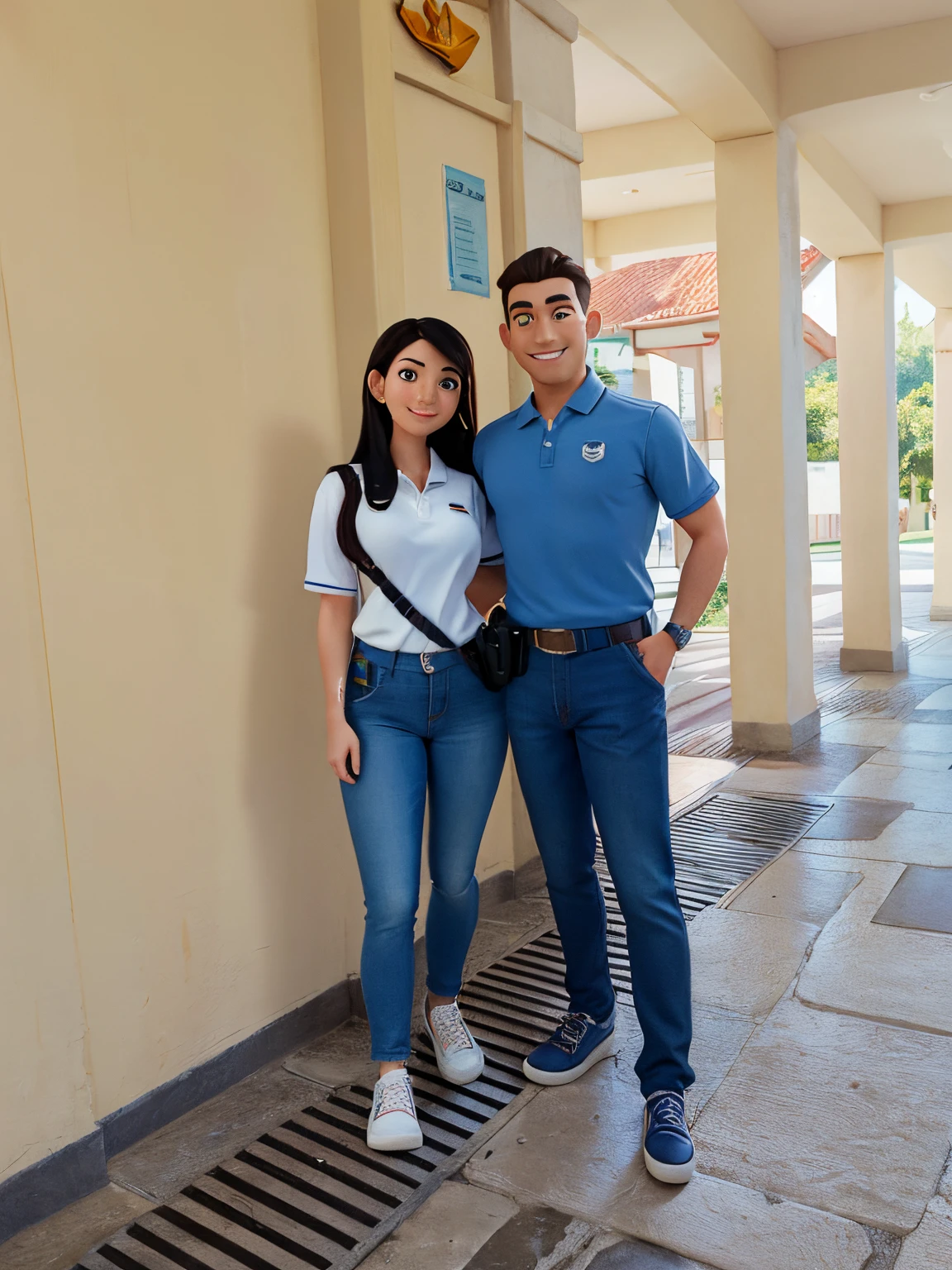 Disney pixar of a couple.. The background is in the hallway of the school..The man is on the right side and he's holding the waist of the woman while the woman is on the left side.. The boy is wearing a police uniform Navy blue polo shirt and slacks and wetlook shoes and the girl is long hair wearing a violet and white polo shirt with denim skinny jeans and white shoes.They are both looking on the camera and both smiling 3D image.