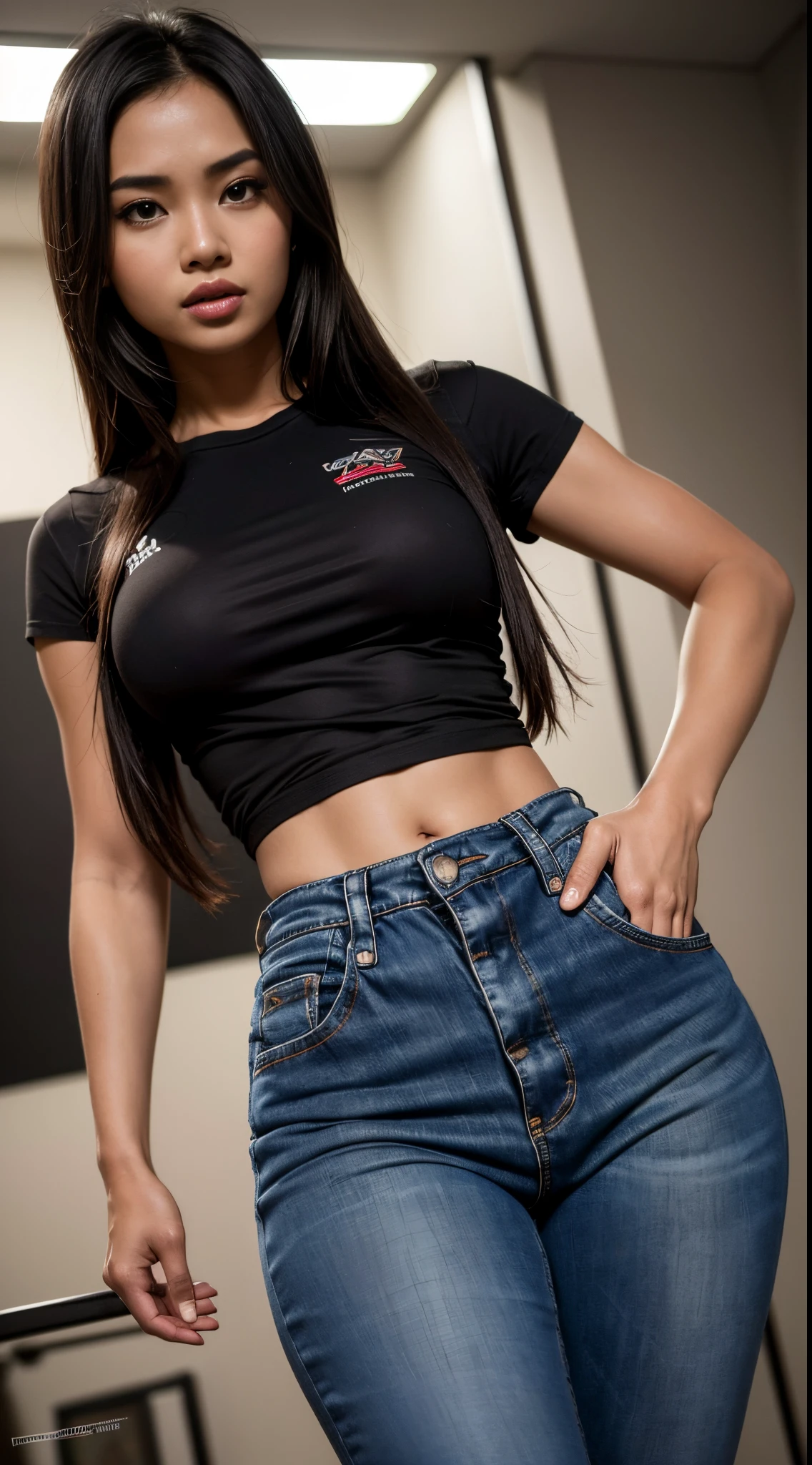 RAW, Best quality, high resolution, masterpiece: 1.3), beautiful Malay woman (iu:0.8),(random result), (RAW style, masterpiece, best quality, hyperrealistic, highres, unreal engine,) Malay girl as lara croft, big breast black basic tee-shirt, waist length tee-shirt, tight jeans, jogger's, black hair's, malay beauty