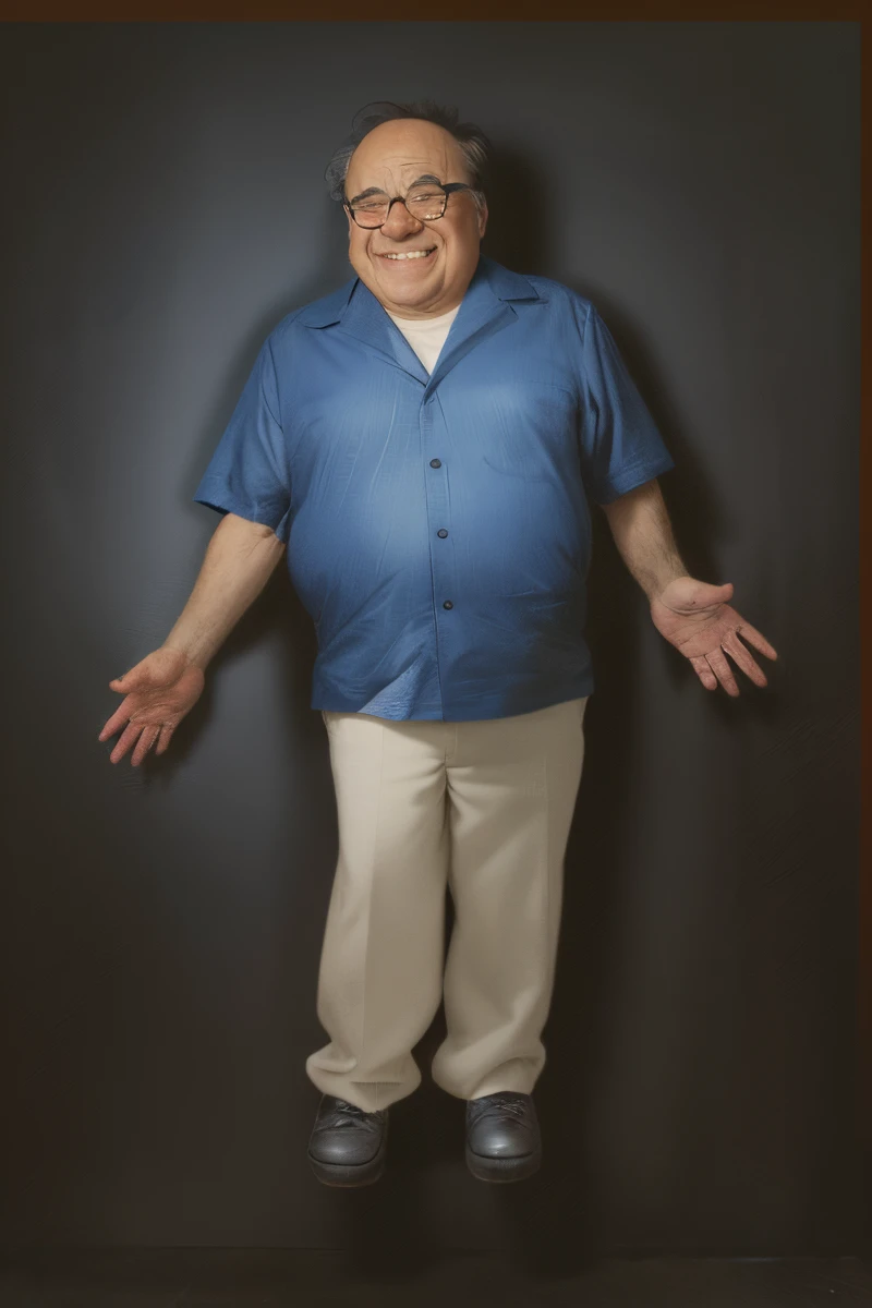 arafed man in a blue shirt and black pants with his hands out, danny devito as johnny, danny devito, danny de vito, frank reynolds, portrait of danny devito, dany devito, danny devito as superman, danny devito as batman, peter griffin as a real person, full body photograph, danny devito as dr. robotnik