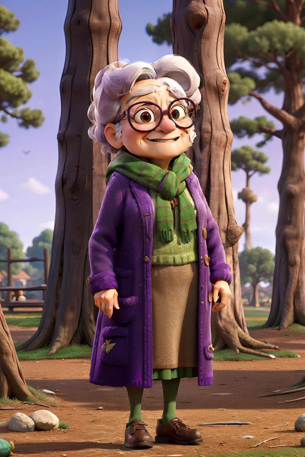 masterpiece, best quality, an old woman with glasses and a scarf on, wearing a purple coat and green scarf, standing at the park