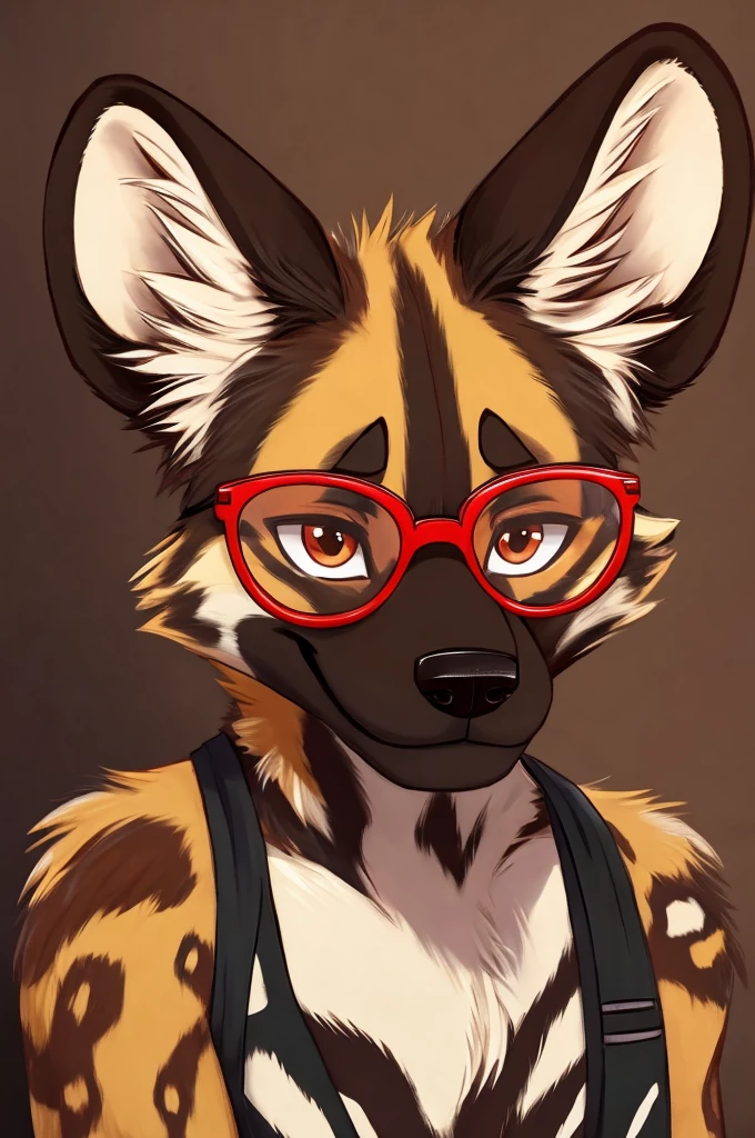 furry fandom illustration, red glasses, madure and cute shy boy african wild dog mixed with wolf, dark cream color fur, red muzzle, red glasses, timid smile, with one pivoted ear, inside a dark room, wearing a light green leash, sucking a wolf penis