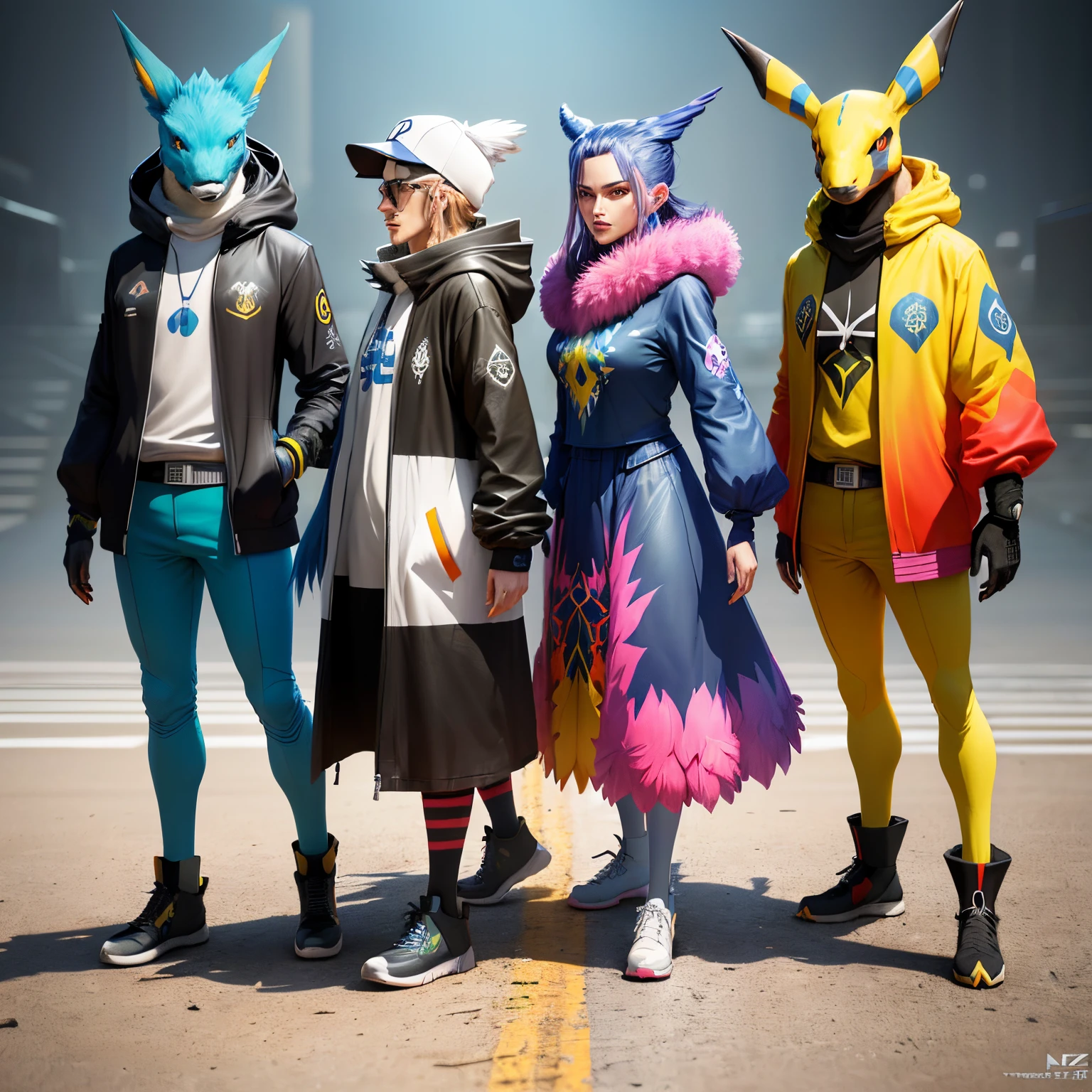 Ultra-realistic 3D rendering of a group of colorful Pokemon, Each has its own color and design, By artist Tomasz Jedruszek, (8K), Concept art, digitally painted