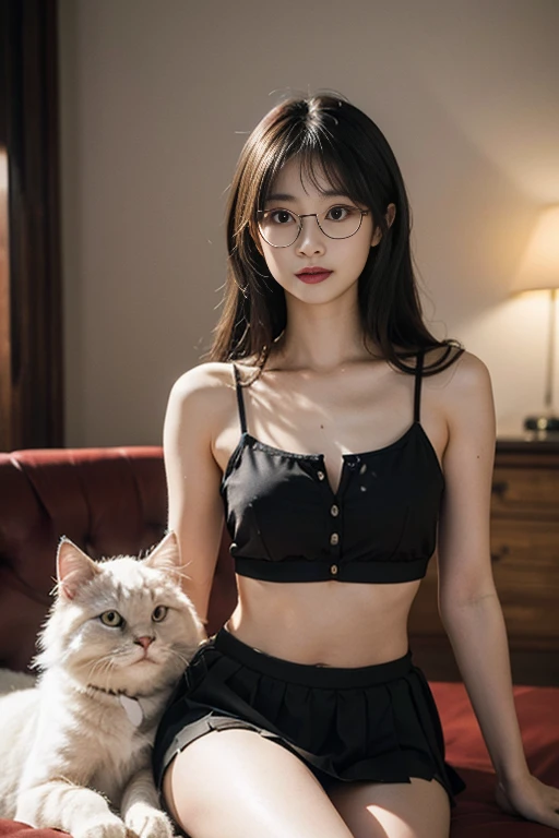 Design a warm scene，Let a young Taiwanese woman interact with her beloved big cat pet, Very huge white Persian cat, Very cute Taiwanese girl，Has a beautiful and petite figure, Gauze low-cut top and pleated skirt, Wear glasses, Round glasses, very long golden brown hair, Very long bangs hairstyle, petite body, Small waist, Slim, Wide hips, Thigh thick, Demonstrate their connection in the comfort of home, Bright lights, Happy, 8K, Quality, ray illumination,