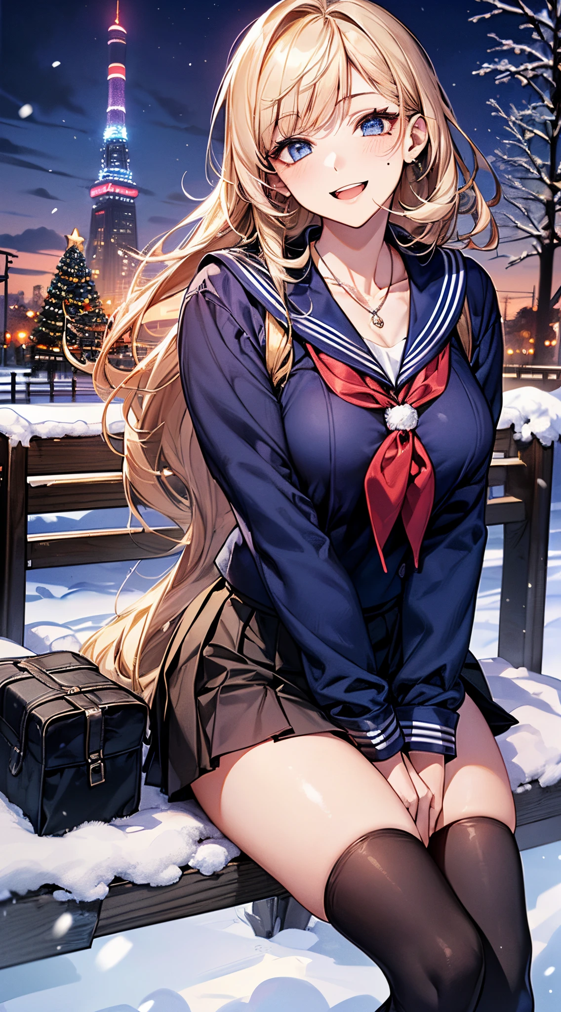 ((((perfect anatomy, super detailed skin)))), 1 girl, japanese, high school girl, shiny skin, large breasts:0.5, looking away, looking up, watching the view, from below,
beautiful hair, beautiful face, beautiful detailed eyes, (long hair:1.7, side ponytaail:1.5), blond hair, blue eyes,
beautiful clavicle, beautiful body, beautiful chest, beautiful thigh, beautiful legs, face, mole under eye,
((((long sleeves)), all navy sailor suit, navy pleated skirt, navy sailor collar, red sailor scarf, thigh-highs, short boots), school bag, cross necklace), seductive thighs, ,
((smile:1.5, open your mouth wide)), , female masturbation, lifting skirt myself,
(beautiful scenery),winter, midnight, hokkaido, sapporo, odori park, park bench, sitting, christmas, (christmas tree), illumination, tv tower, snow, snowfall:1.5, freezing weather, frost,
(8k, top-quality, masterpiece:1.2, extremely detailed), (photorealistic), beautiful illustration, cinematic lighting,
