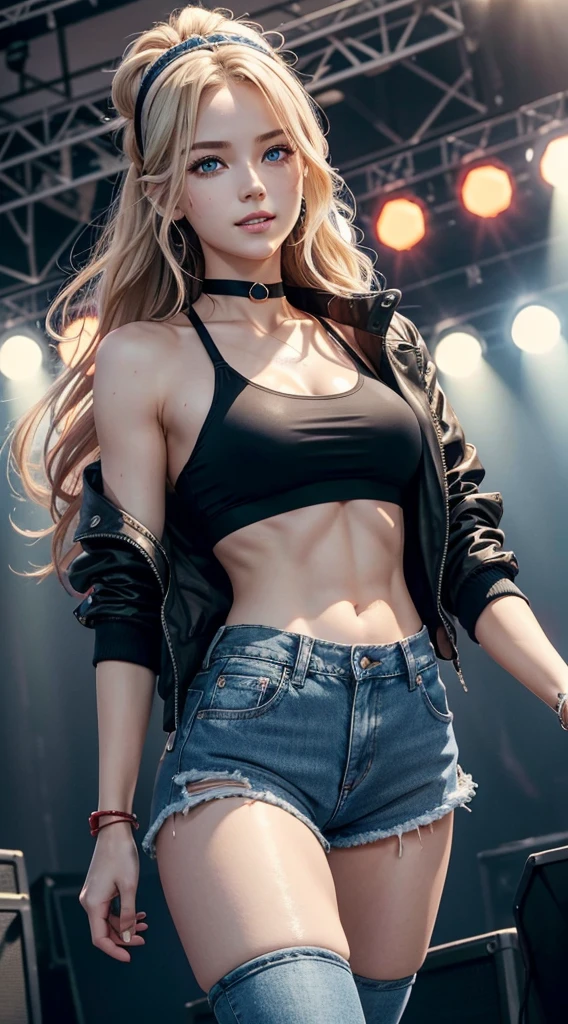 A 23-year-old white woman with unparalleled beauty.、blue eyess、dark blonde、hair is wavy、Longhaire、wears a red headband on his head、The ends of the hair are curled upwards、Dancing on stage at a music festival while dripping with sweat、a smile、View from the front、She is wearing a black sports bra made by a sports manufacturer.、wearing a black choker、I'm wearing hot pants made of jeans fabric with tight distressing.、The navel is out、My abs are cracked、Slender yet well-proportioned body、sunlight is shining from above、Photorealistic images、8K picture quality、I'm punching my chest、I don't want my head to disappear from the screen.、The color of the jacket is random、I'm wrapping my jacket around my waist、I'm pulling my hair up、Wearing accessories on your wrist、Only one leg is wearing thigh-high orange stockings.、wearing pink nail polish