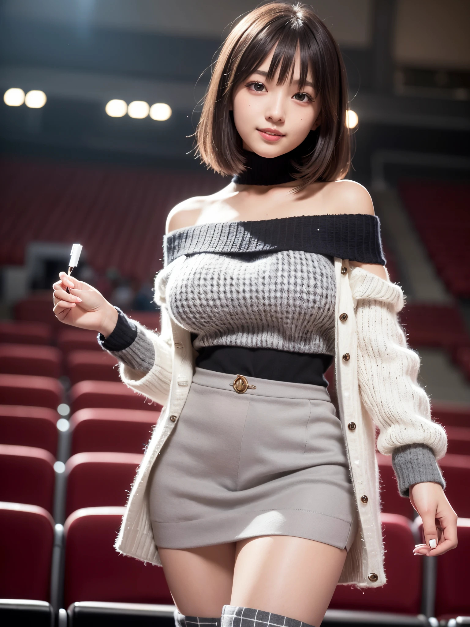 ((masterpiece)), ((best quality)), (ultra-detailed), ((kawaii)), cute, (lovely), ((extremely detailed)), 4K, (8K), best quality, (beautiful), realistic, real, dynamic angle0, front view,a Japanese young pretty girl , Inside the concert hall, a big smile in front of the stage, glamorous figure ,long bob hair ,1girl, solo, “uniform”,“outfit”,“clothes”,(Large white jacket), (black off shoulder sweater), (gray checked mini skirt), (black boots), (shoulder bag),beautiful eyes, large breast, a big smile, hyper cute face, glossy lips, double eyelids for both eyes, natural makeup, shiny smooth light brown hair of long bob hair, asymmetrical bangs, high resolution, high detail, detailed hairstyle, detailed face, cinematic lighting, octane rendering, hyper realistic, perfect limbs, perfect anatomy