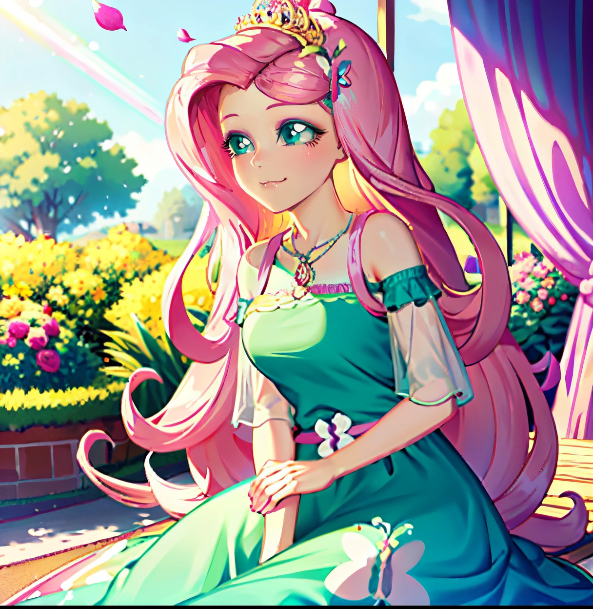 Fluttershy, fluttershy from my little pony, fluttershy in the form of a girl, lush breast, pink long wavy hair, soft smile, flowers, butterflies, (top quality, masterpiece, ultra-realistic), rainy day, raining, indoor in a green botanical garden, dome, lots of flowers, dense mass plants, the background landscape is a garden with petals, Dahlia peony flowers everywhere, turquoise eyes, turquoise eyeshadow, green dress, butterfly hair clip, detailed lighting, sunlight, yellow pure light, sitting, heavenly plants, hanging flower pots, pink and green flowers everywhere, flower crown, green glass dome, extremely long hair, (light yellow skin 1.5), yellow pony ears, golden lighting