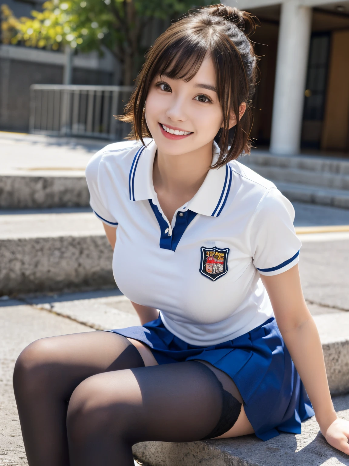 masutepiece, Best Quality, japanaese girl,1girl in, 8K, Raw photo, top-notch quality, masutepiece, nffsw:1.2, exceptionally detailed RAW color photo, professional-grade photograph, (Realistic, Photorealistic:1.37), (highly detailedskin:1.2), Ultra-high resolution, (lenz 50mm), (F/1.2),Exquisitely Detailed Eyes,Beautiful face, kawaii,(Smile:1.05),(20yr old, Large breasts, The constriction is beautiful、big breasts thin waist,Straight hair, (Short hair), Black eyes, white fine skin,small mouth, high cheekbones (Definition), Sexy Pose,(),(The to the FW:1.1),White panties、Korean Idol、Nogizaka Idol、hposing Gravure Idol、Adults、女優、(masutepiece, top-quality:1.3), (Ultra detailed 8K cg:1.2), (hyper realisitic:1.35), (Photorealistic:1.45), (Realistic:1.4), Cowboy Shot,22 years old, super model, Japanese Idol, __expression__, Large breasts, , (School uniform:1.4)
(Sitting on the school steps:1.1),((Black stockings))、(Short sleeve polo shirt)、(((Staring at them with a mischievous smile)))((Shot from a low position))、(Slender legs)((Sexy legs))(frombelow)(Sexy buttocks)(Legs closed)(((Show your toes to viewers)))