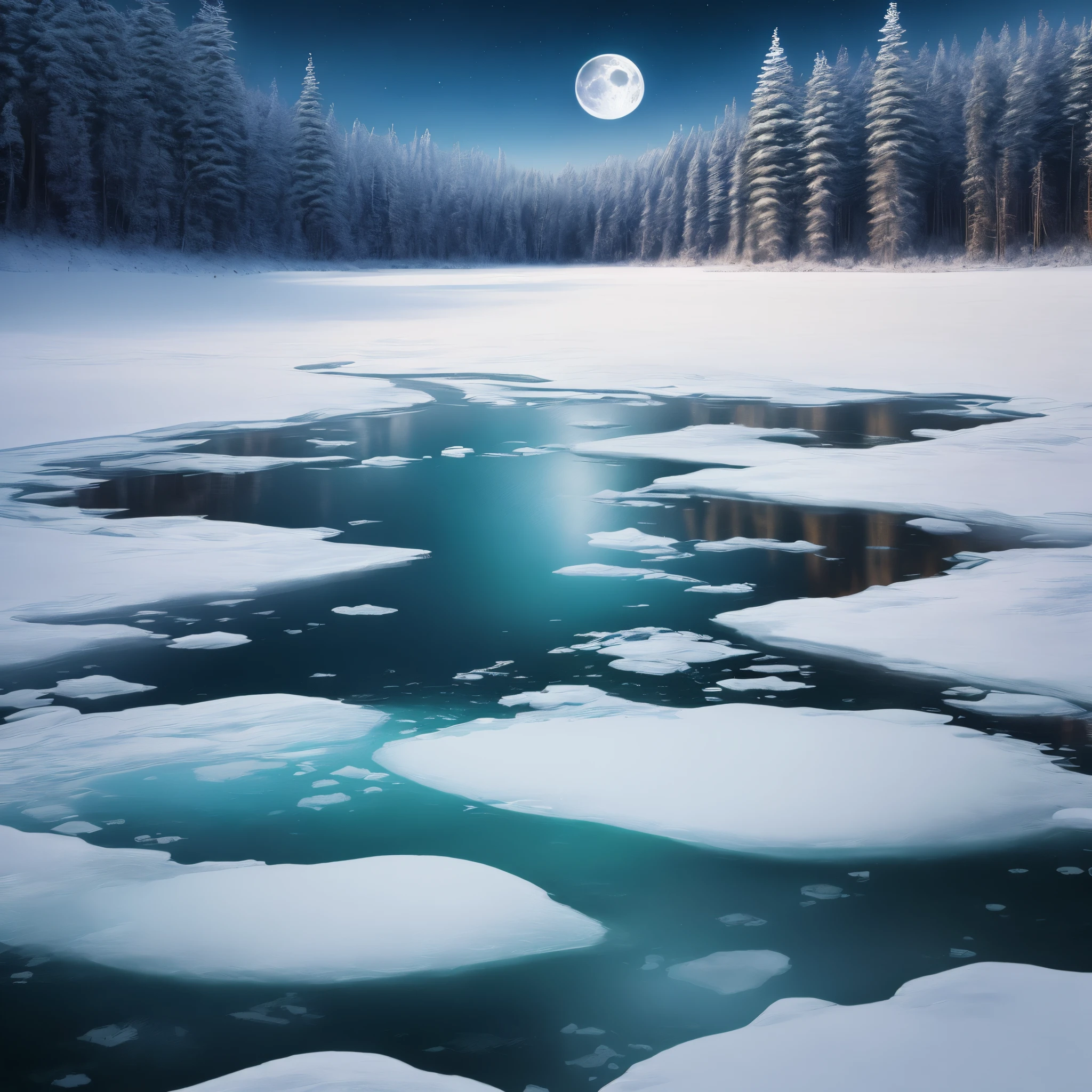 The surface of a frozen lake in a coniferous forest、The pale full moon is shining