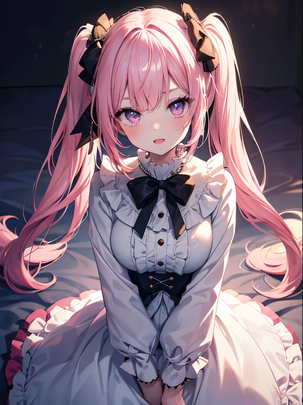 masutepiece, Highest Quality, (Perfect face:1.1), (high detailing:1.1), (ultradetailed eyes), Dramatic, superfine illustration, Extremely detailed,1girl in, (pale skin),Smile, Open mouth,gloweyes,pinkhair, (Long twin tails),Ethereal eyes, pink eye,(light eyebrow),blush, Solo,, Pouty lips,Cinematic lighting,Cowboy Shot,ta clothes,frilld, bow ribbon, Pink, Long sleeve,From above,room