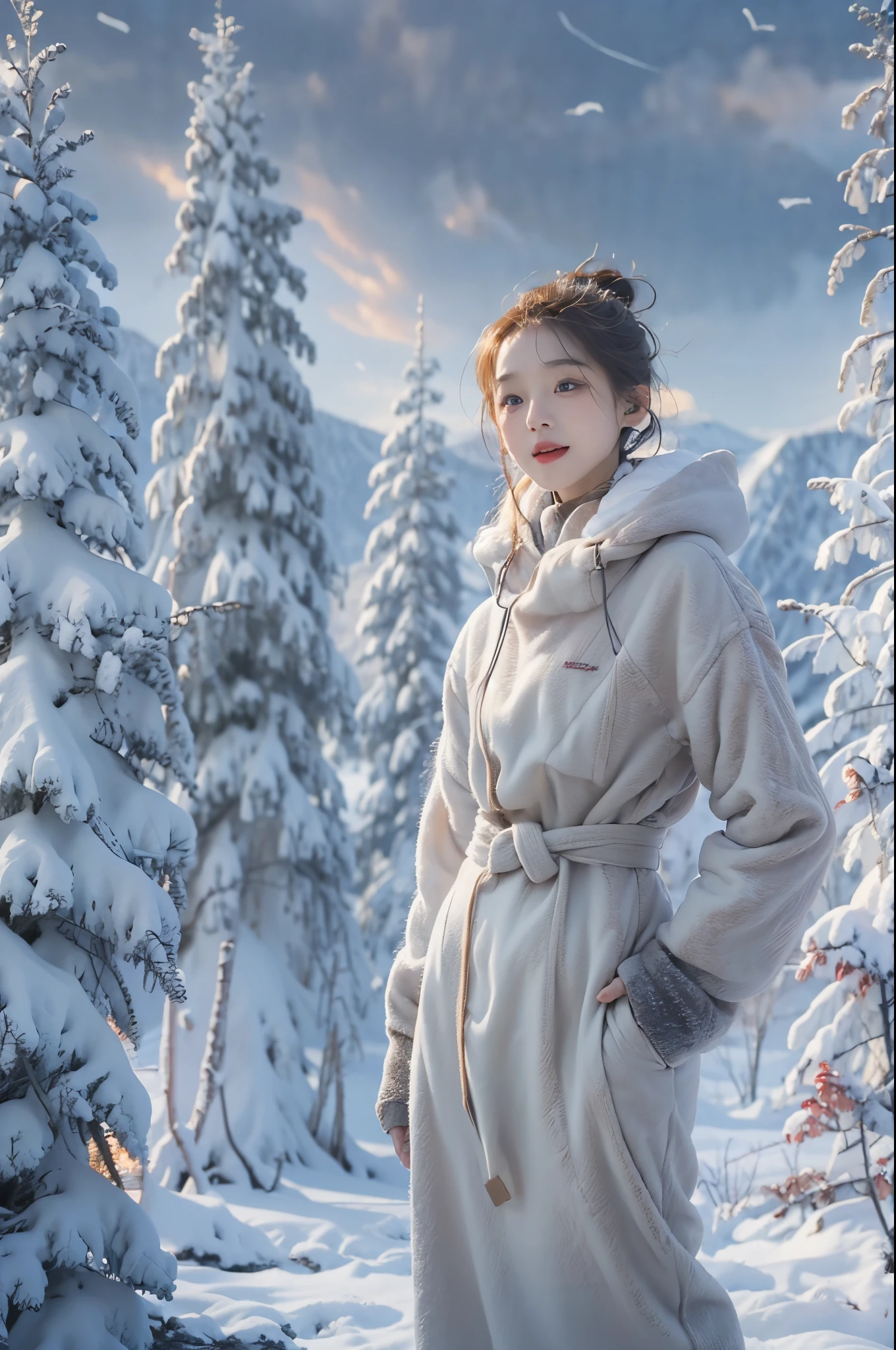 ((top-quality、8K、masterpiece:1.3))、(((1womanl)):1.3),((anatomy correct):1.45)、(Full body:1.5)、(((32years old)))、foco nítido:1.2、(realisitic、Photorealsitic:1.37)、snowscape、⛄️⛄️⛄️、A smile、😮💨😮💨😮💨😮💨❄️❄️❄️❄️、White breath、Cold