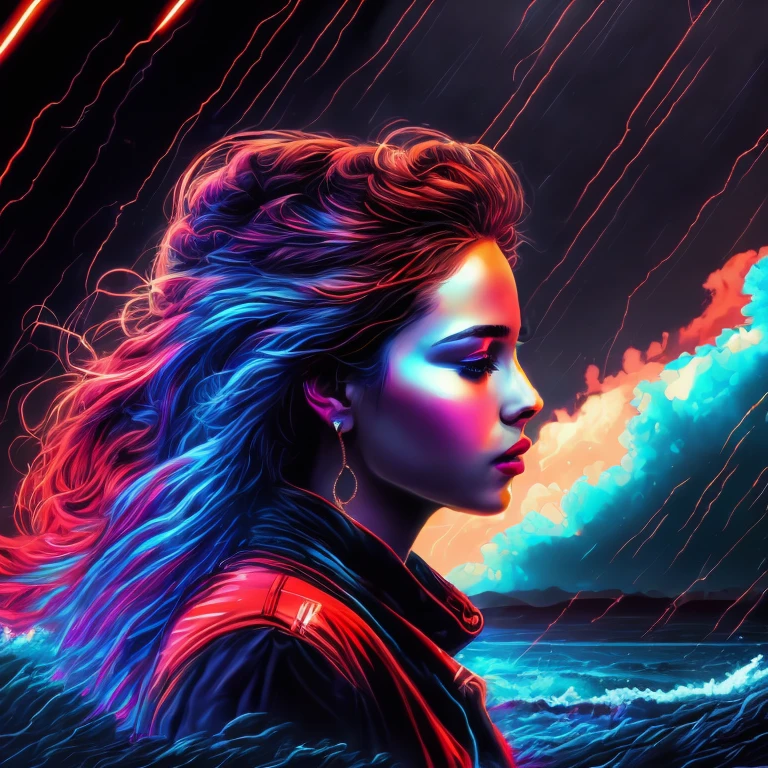 a girl in the storm, estampa (oceano), personagem (young woman/oceano), arte detalhes perfeitos, art digital painting neon, panoramic view, cores roxo/preto/vermelho/cores de floresta