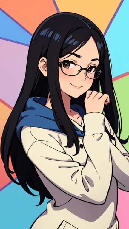 Profile picture, One Girl with black straight hair, straight hair, shoulder lenght hair. Brown eyes, wearing glasses, hair parted in middle, no bangs, no fringe, hair parted in center, round face, little chubby. Happy and smiling. Laughing face, Cute pose, Perfect body, perfect anatomy, detailed face, perfect hands, perfect fingers. Perfect body proportions. HD, clear picture. hairstyle with a center part, that the hair should be parted down the middle, creating a symmetrical look without any frontal hair covering the forehead. Wearing hoodie. Cute pose. Cute posing style. Blushing. Cute. Happy. Cute pose with happy face. Enjoying the moment. Nice and happy pose. Happy face, and happy pose.