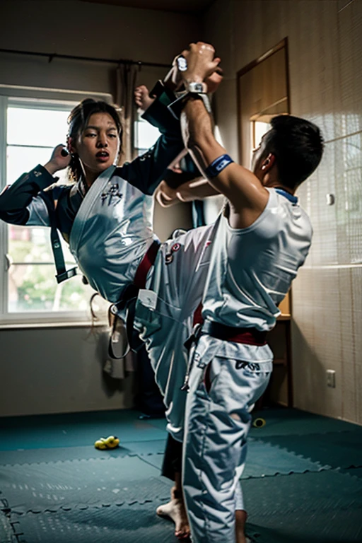 (original) , (very detailed wallpaper) , (best quality) , (masterpiece) , photographic reality, realistic, very detailed illustrations, (2 guys) , Indonesians, (serious faces) , perfect detail, (best lighting) , (super complex details) ,
(Taekwondo Guys) , (aggressive kicking to each other), one is having flying kick on his opponents, sweat, heavy breathing, (oppressive attack) , (Taekwindo rinofficial ring with crowds) , Wearing Taekwondo Dobok, perfect detail, perfect limbs, impact, (shiny skin), Taekwondo fight, (super detailed CG: 1.2) , (8K: 1.2) , realistic, octane rendering