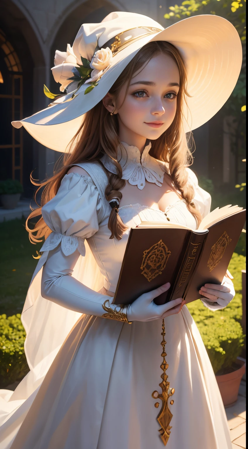 Beautiful Young Witch, The girl smiles sweetly, her face is illuminated by the bright rays of the sun, The girl is dressed in a white dress, witch's hat on the head, The perfect female face of the goddess, Деталь 8k, photo realistic style, sharp-focus, Professional lighting, colorful details, The painting is built according to the rule of the golden ratio, Around the garden of white roses, full-arm-gloves, Girl reading a huge ancient book