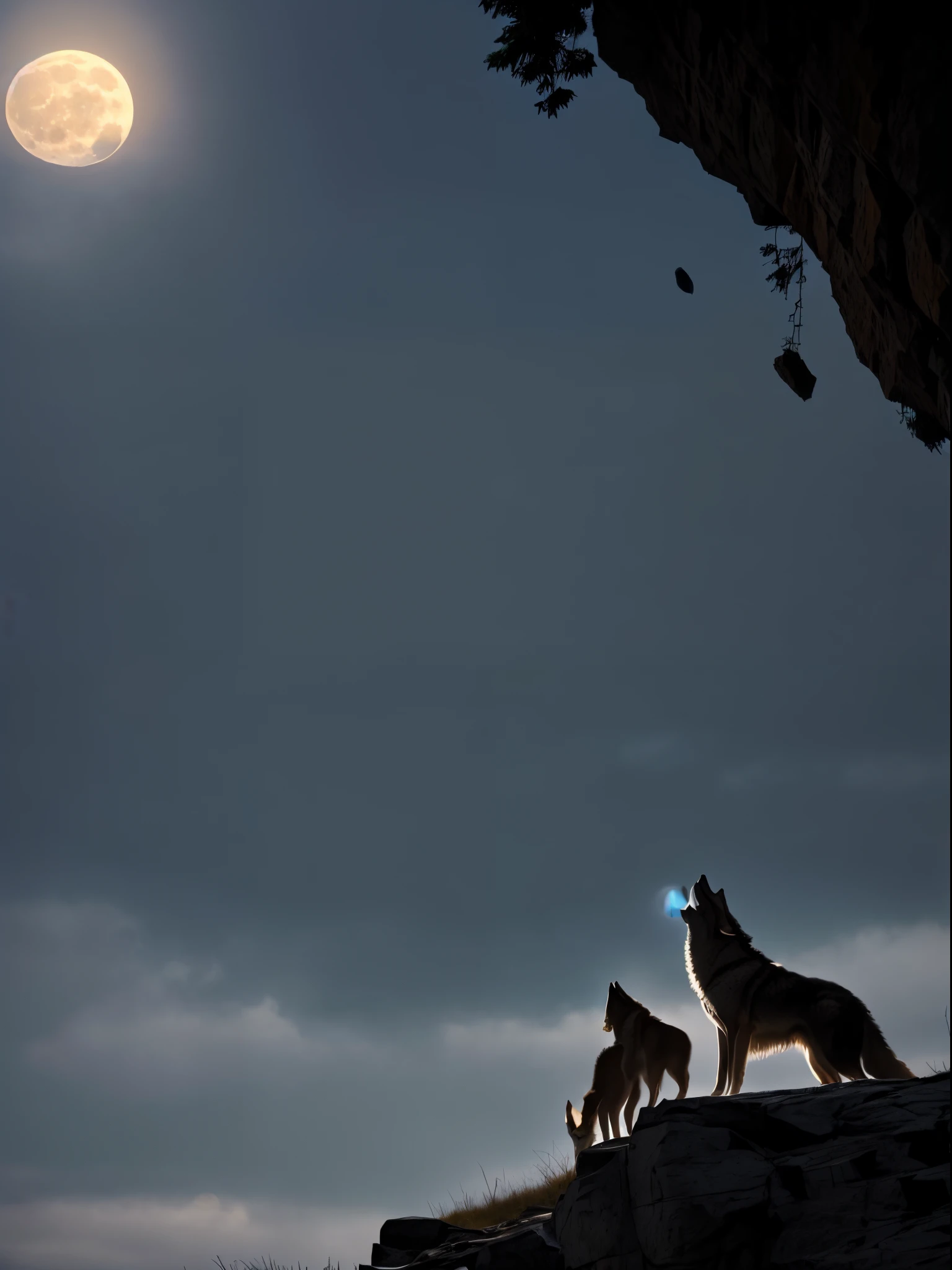 Wolf howl、Barking at the full moon、on a cliff、sideways Facing