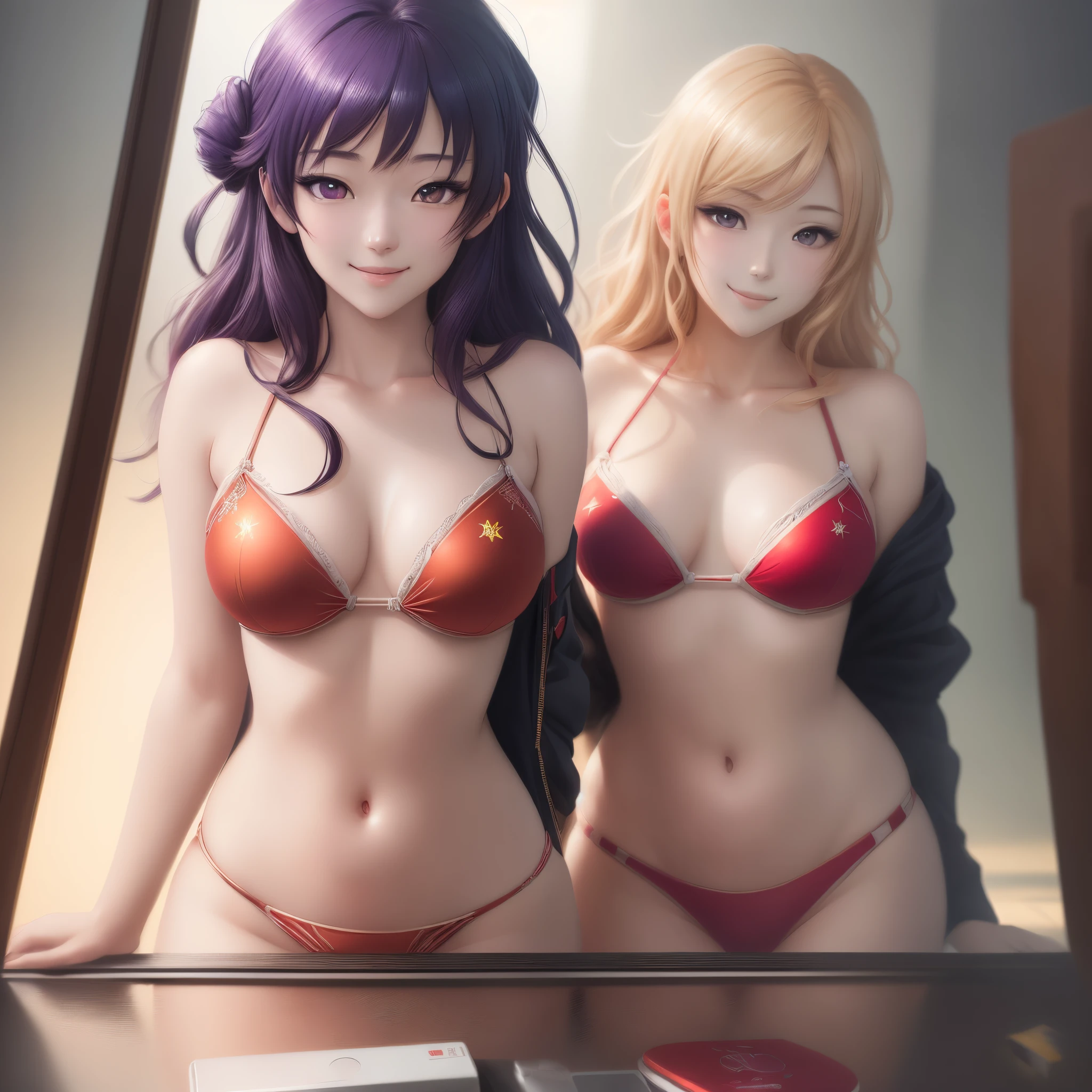 Hoshino Ai, oshi no ko, Anime girl with purple eyes and long hair looking at camera, Colorful lens reflection, Glitter GIFs, Stars in her fixed eyes, Light through glass, Breathtaking rendering, Extreme close-up, CG Anime Art, charming anime girls, Beautiful anime girl, Kantai Collection Style, Seductive beautiful anime woman, Detailed Digital Anime Art, beautiful anime woman, Beautiful anime girl, | Fine Detail Anime, (Anime Girl), Best Quality, masutepiece, Ultra-detailed, Beautiful, hight resolution, Original, Absurd, Ultra realistic 8K CG, Perfect Artwork, (((Perfect female figure)), maturefemale, Narrow waist, Chinese god watching viewers, enchanting posture, Sexy Pose, Seductive, clean, Beautiful face, Pure face, skin, Hyper realistic, ultra-detailliert, Detailed eyes, lush body, Dramatic Lighting, Dynamic Pose, (Realistic) Realistic, (masutepiece:1.3), (absurdists:1.3), (Best Quality:1.3), hard disk, Full Hard Disk, brightened light, Best Quality, Best Quality, Beautiful lighting, plein air, (8k extremely detailed CG unit wallpaper), high details, Sharp Focus, Dramatic and photorealistic mid-journey painting art, Photorealistic, Red bikini, Smile, Beautiful smile, Seductive smile, incredibly detailed face, hyperdetailed face,An ultra - realstic face, A face with a lot of detail