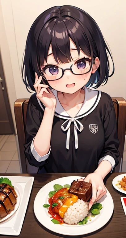 kawaii girl、bob、eye glass、Hamburg steak、Large serving of rice